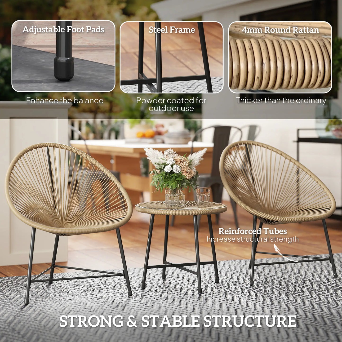 3 Piece Wicker Patio Bistro Set, Acapulco Chairs, Glass-Top Table, Natural Wood Bistro Sets at Gallery Canada