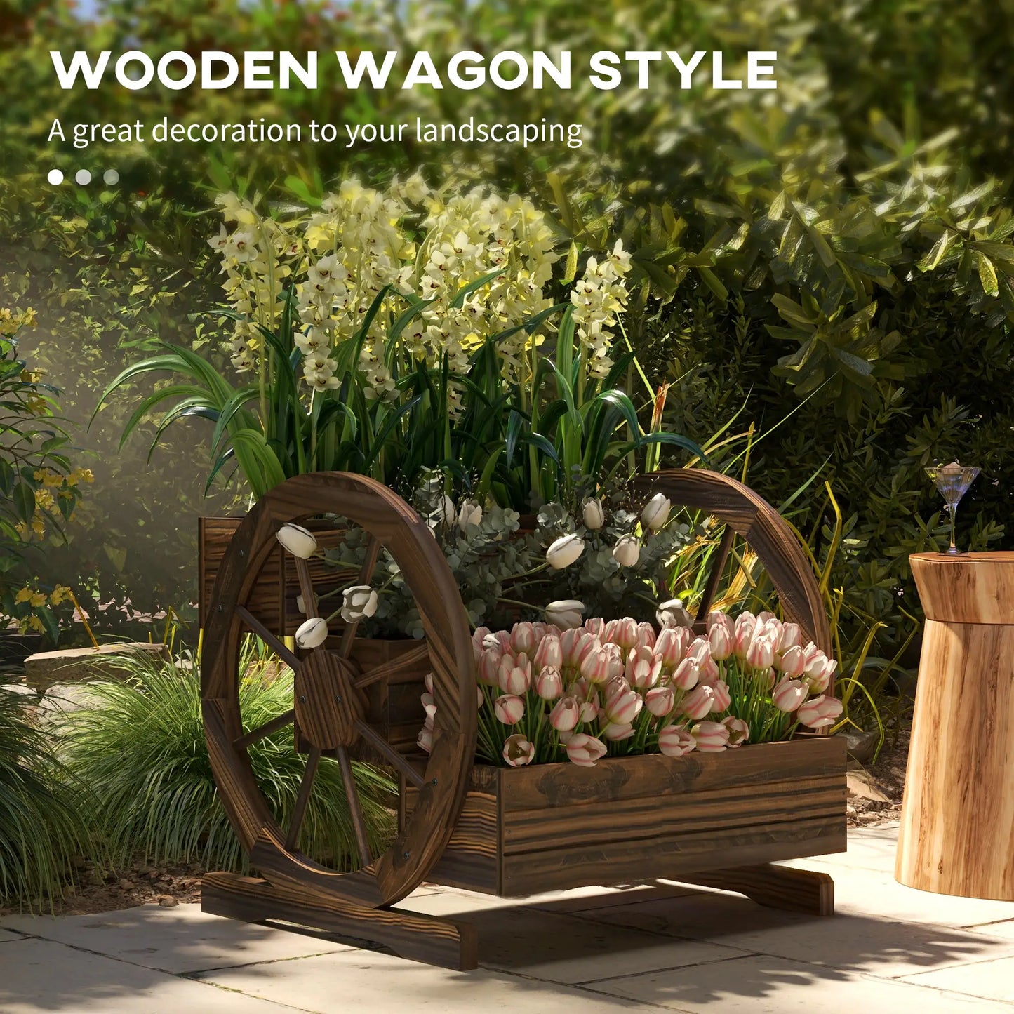Wooden Wagon Planter Box, 3-Tier Raised Garden Bed, 24" x 24" x 22", Carbonized