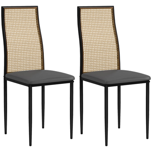 Dining Chairs Set of 2, Boho Kitchen Chairs with Rattan Back, PU Leather Upholstered Seat and Steel Legs for Dining Room, Bedroom, Grey - Gallery Canada