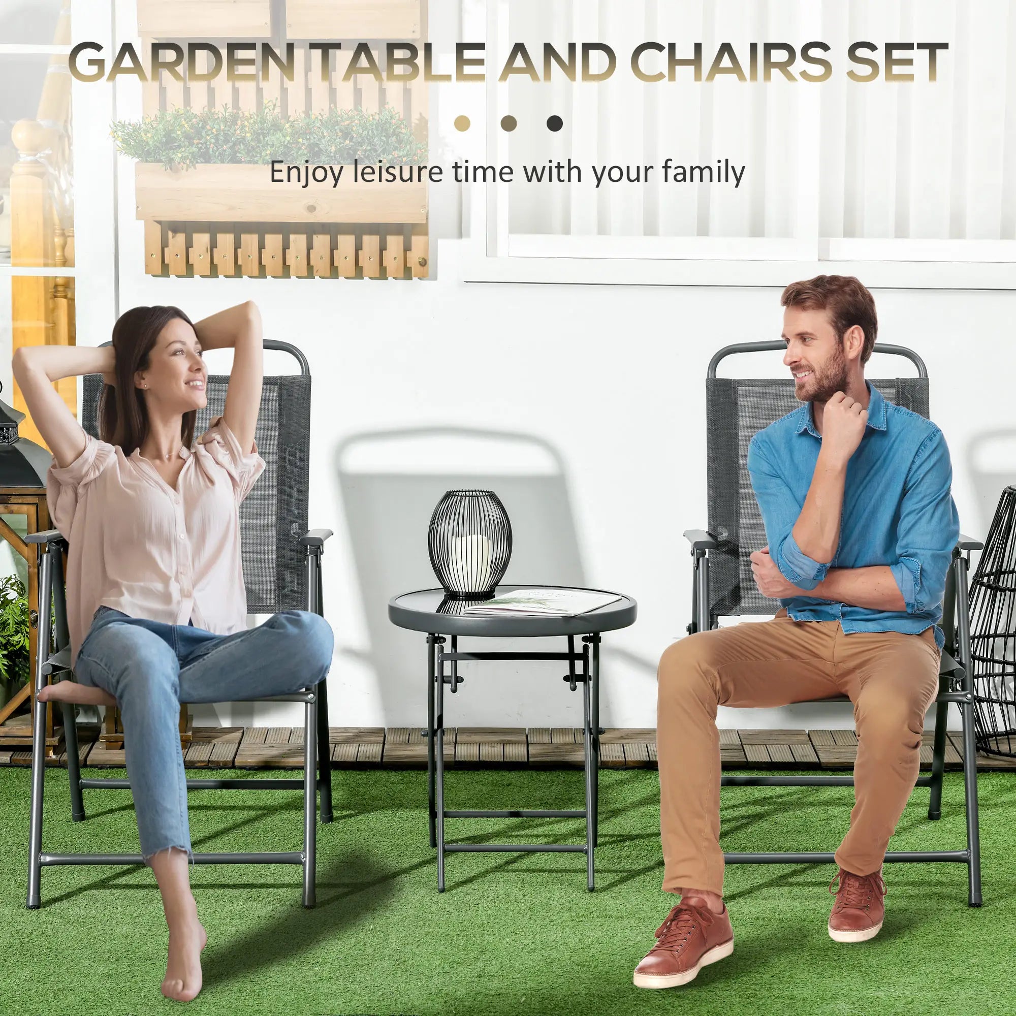 3 Piece Bistro Set, Foldable Mesh Chairs, Glass Table, Charcoal Grey Bistro Sets at Gallery Canada