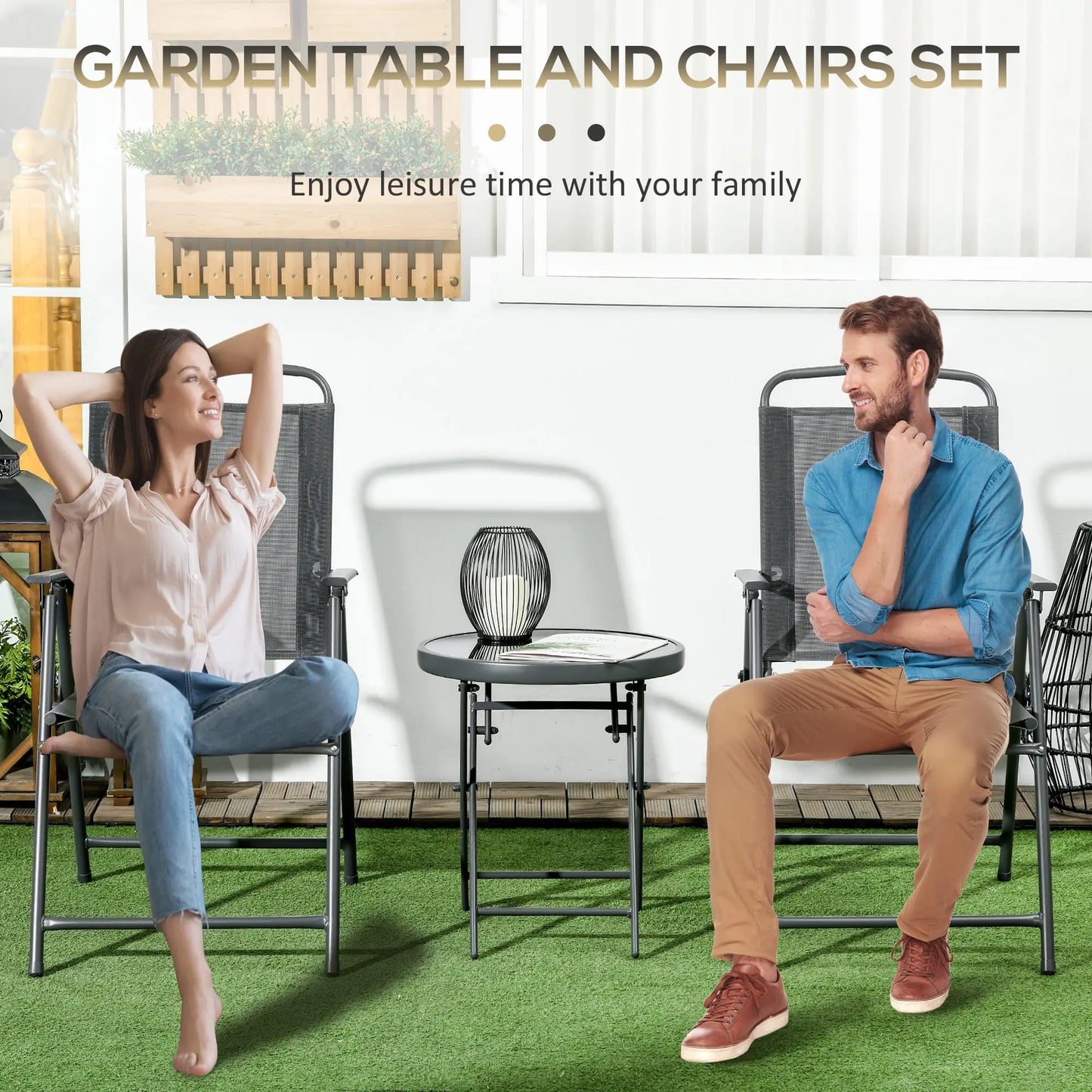 3 Piece Bistro Set, Foldable Mesh Chairs, Glass Table, Charcoal Grey Bistro Sets at Gallery Canada
