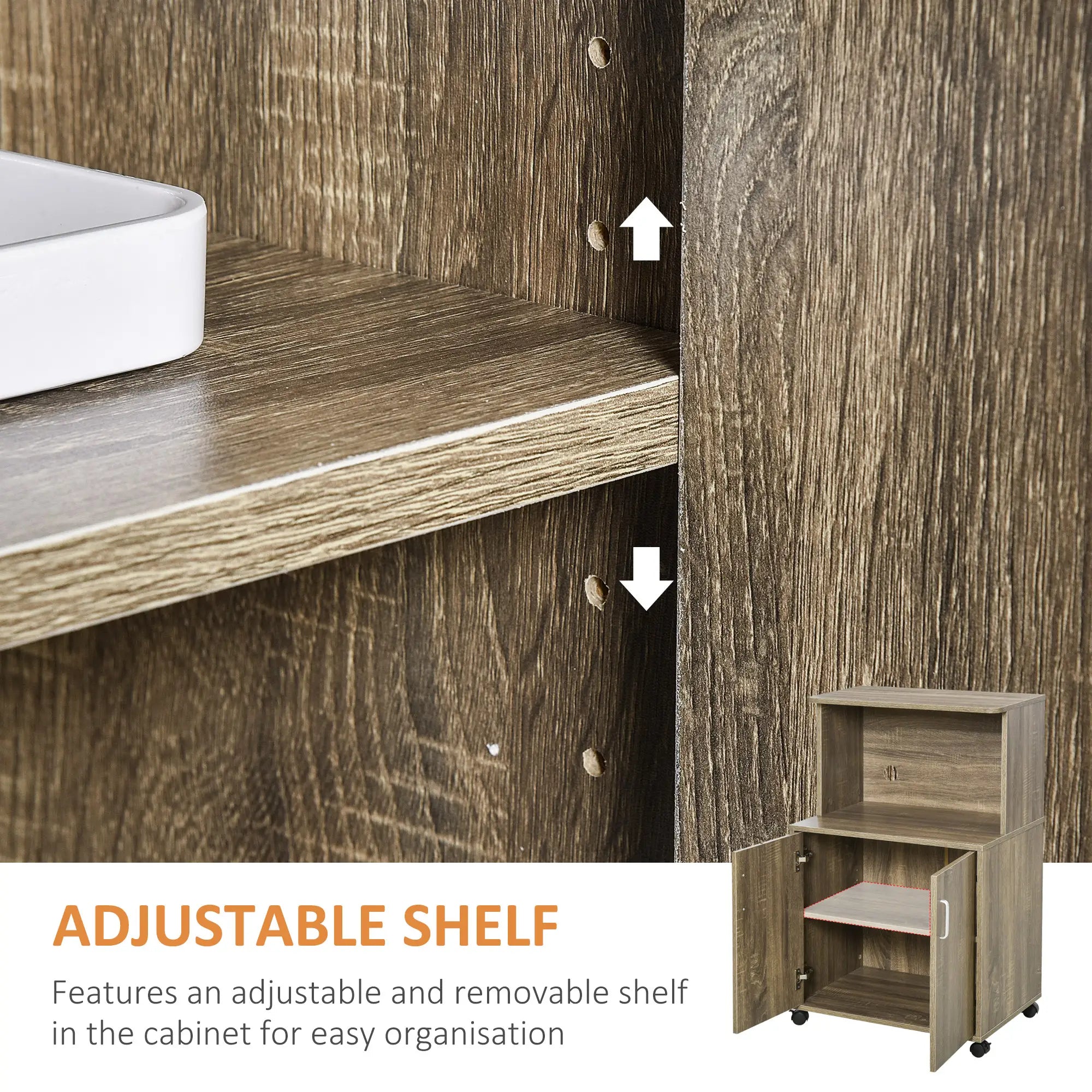 Microwave Cart on Wheels, 2-Door Cabinet, Grey Wood Grain, Grey Kitchen Pantry Cabinets at Gallery Canada