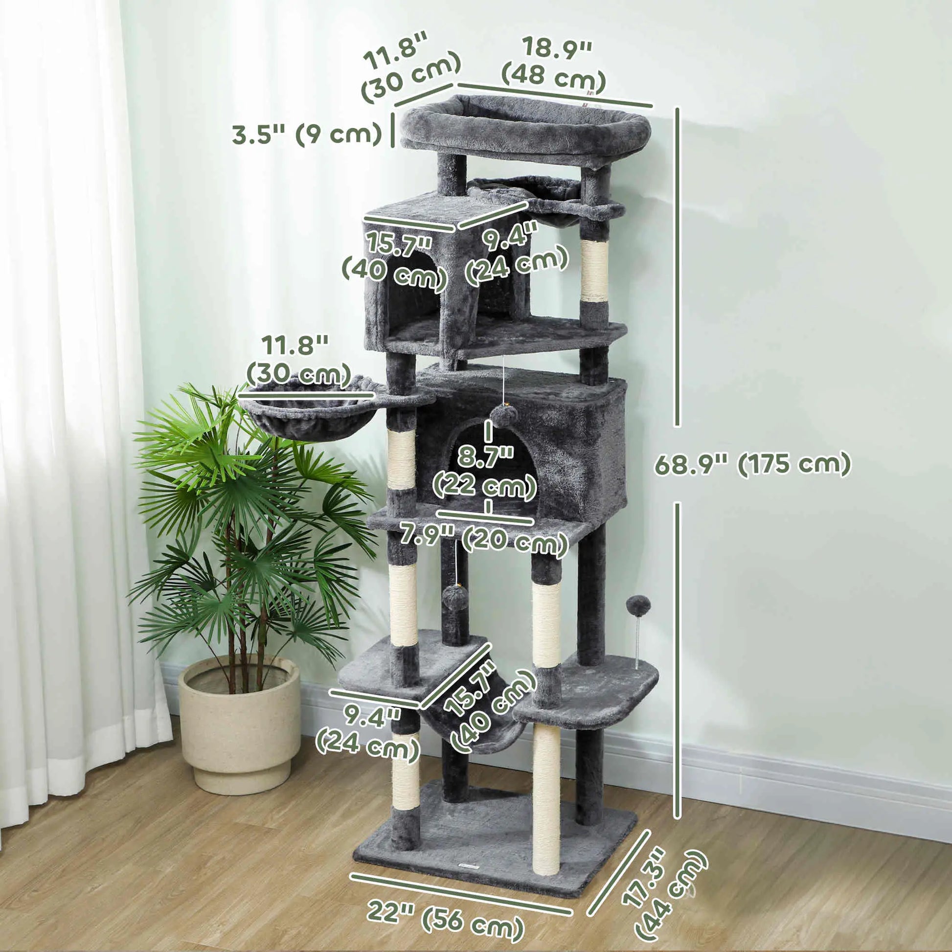 69 Inch Cat Tree, Multi-Level Tower, 2 Condos, Plush Perch, Sisal Posts, Dark Grey Cat Towers at Gallery Canada