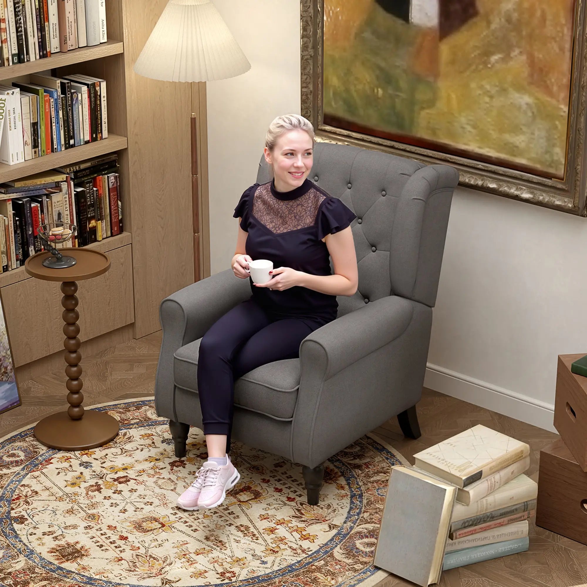 Fabric Accent Chair, Button Tufted, Wood Legs, Thick Padding, Charcoal Grey Accent Chairs at Gallery Canada