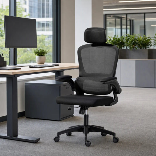Ergonomic Mesh Office Chair, High Back, Rotatable Headrest, Flip Up Armrests, Lumbar Support, Black Task Chairs Black at Gallery Canada