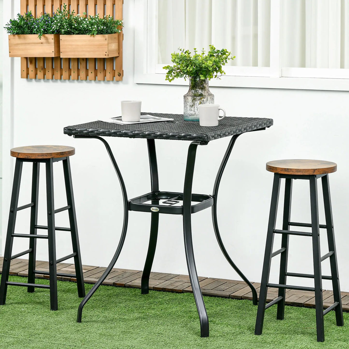 34 Inch Outdoor Wicker Dining Table, PE Rattan Coffee Table, Black Patio Side Tables at Gallery Canada