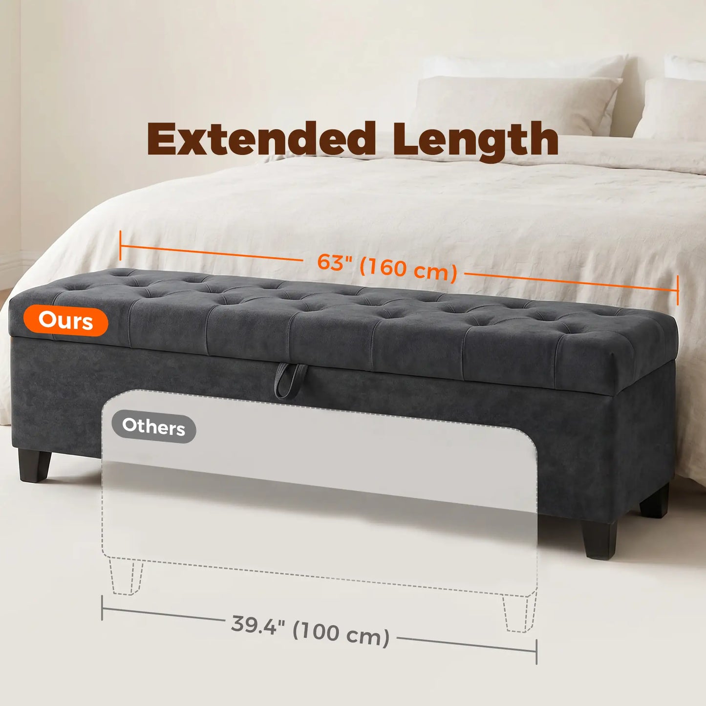 Banc de rangement Ottoman "63" pour lit queen/king, gris foncé