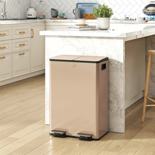 Dual Garbage Bin, Soft-Close Trash Can with Foot Pedal, 2 x 28 Liter Garbage Can with Removable Inner Buckets, Gold Household Supplies Gold at Gallery Canada
