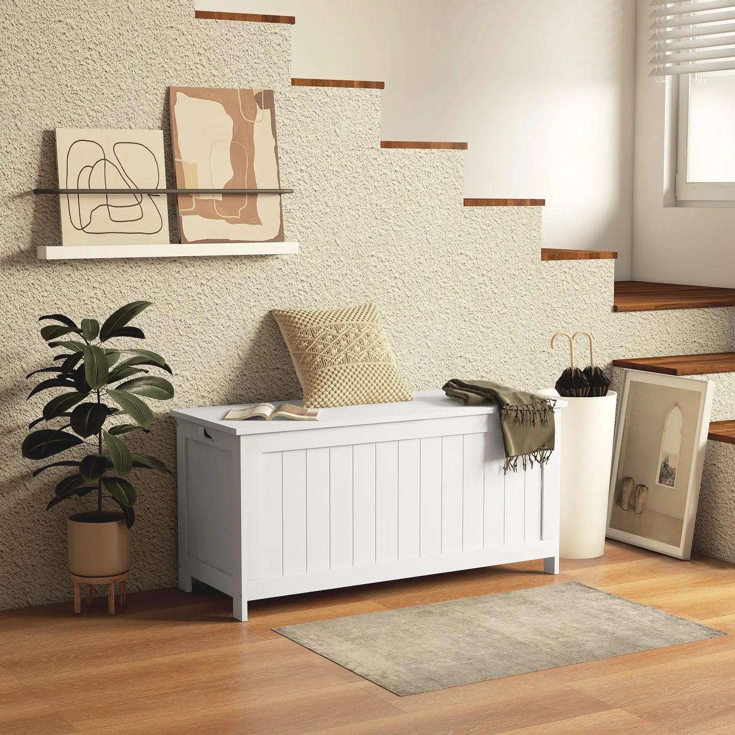 White Storage Trunk with Safety Hinges, Entryway Bench, Side Handles, White Storage Ottomans & Benches at Gallery Canada