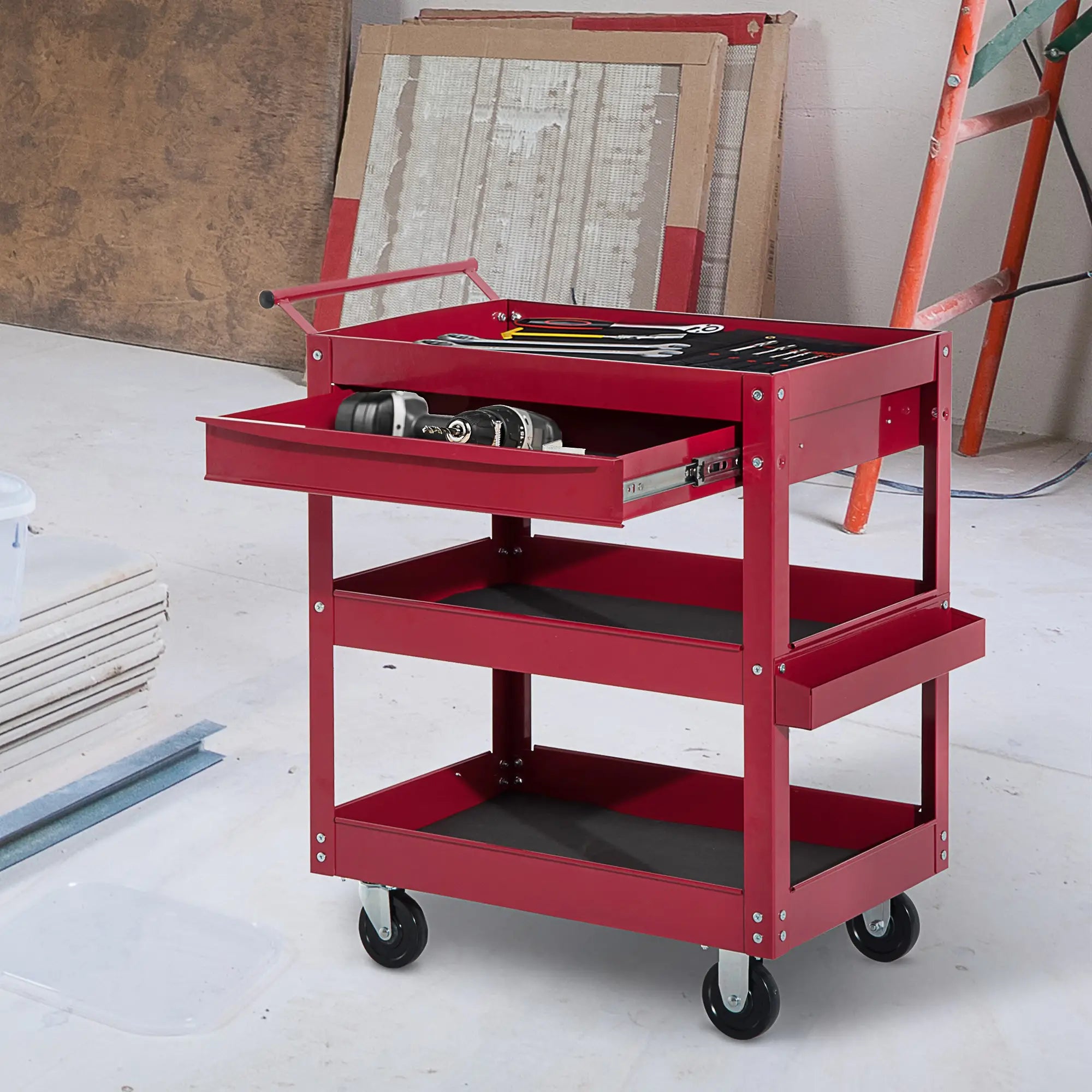3-Tier Rolling Tool Cart, Drawer and Side Box, 132 LBS Capacity, Red Tool Organizers at Gallery Canada