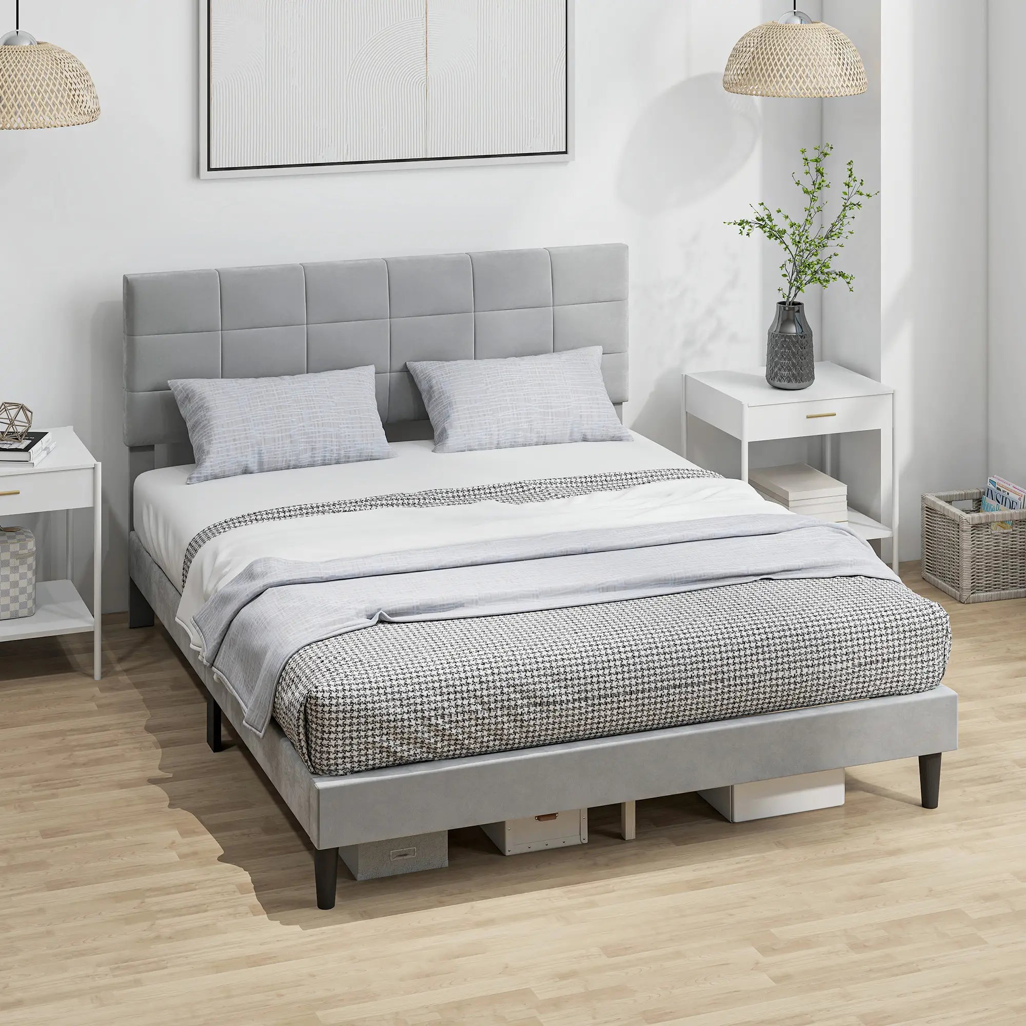 Queen Size Bed Frame, Upholstered Headboard, Wood Slats, 1100 lbs, Grey Bed Frames at Gallery Canada