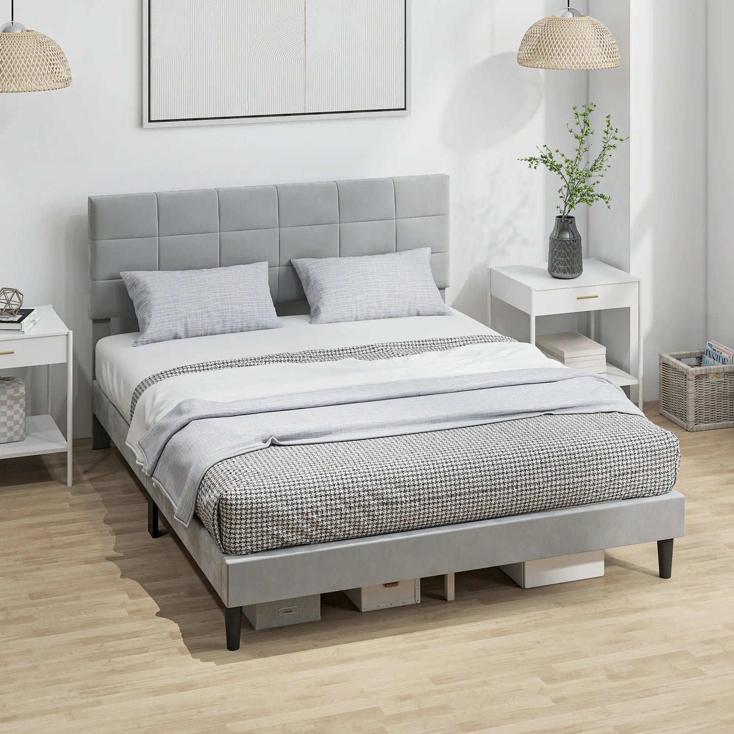 Queen Size Bed Frame, Upholstered Headboard, Wood Slats, 1100 lbs, Grey Bed Frames at Gallery Canada