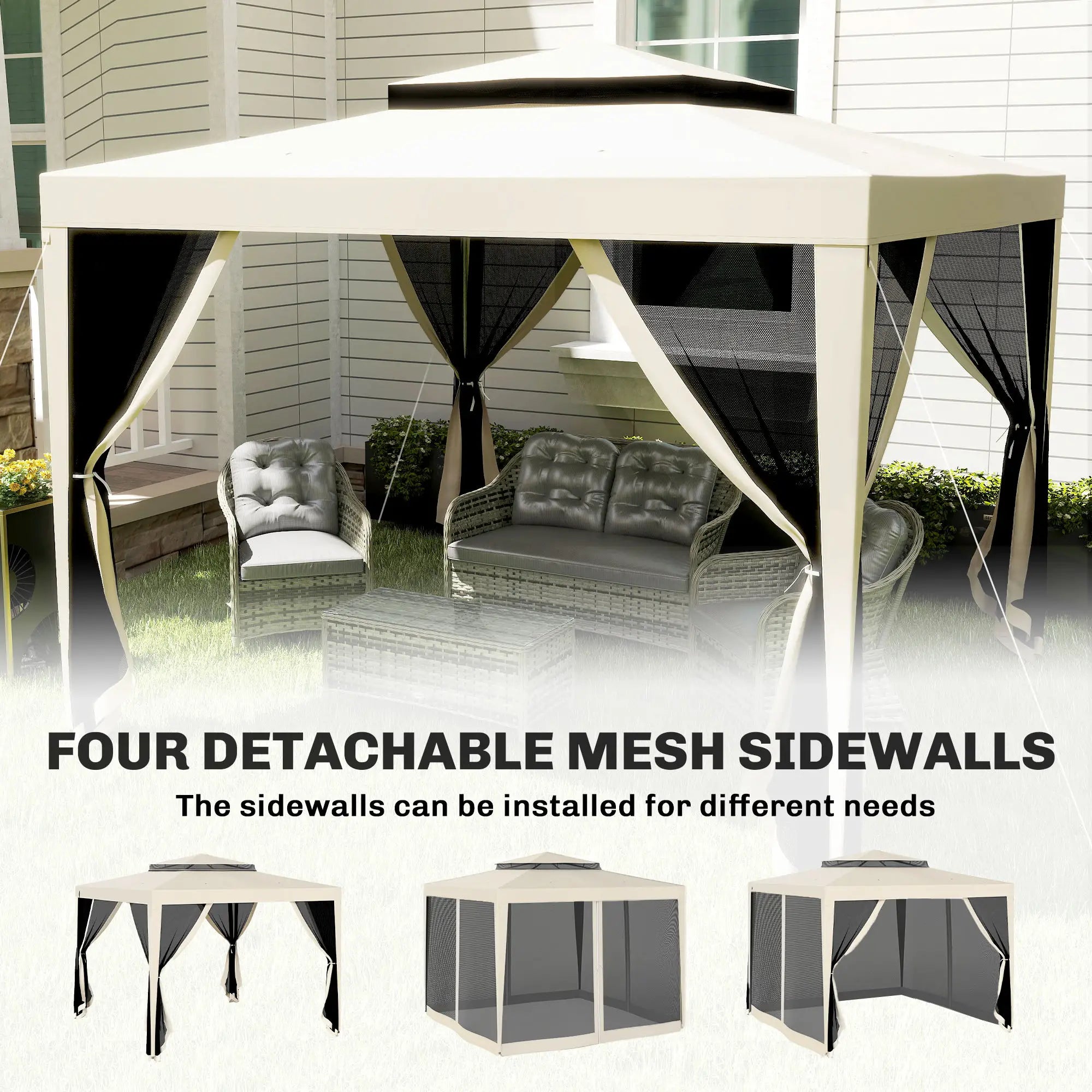 10' x 10' Outdoor Canopy Tent With Mesh Netting, Double Tier Roof, Beige Gazebos at Gallery Canada
