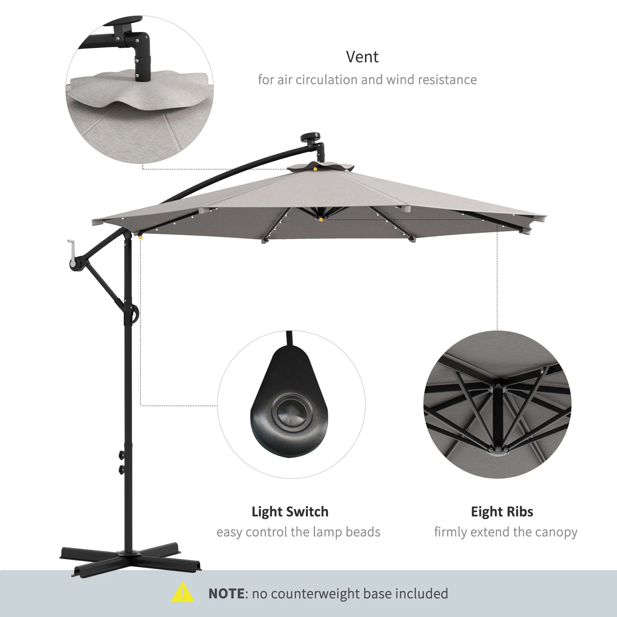 10ft Outdoor Cantilever Umbrella, Solar Lights, Adjustable Angle, Light Grey Cantilever Umbrellas at Gallery Canada