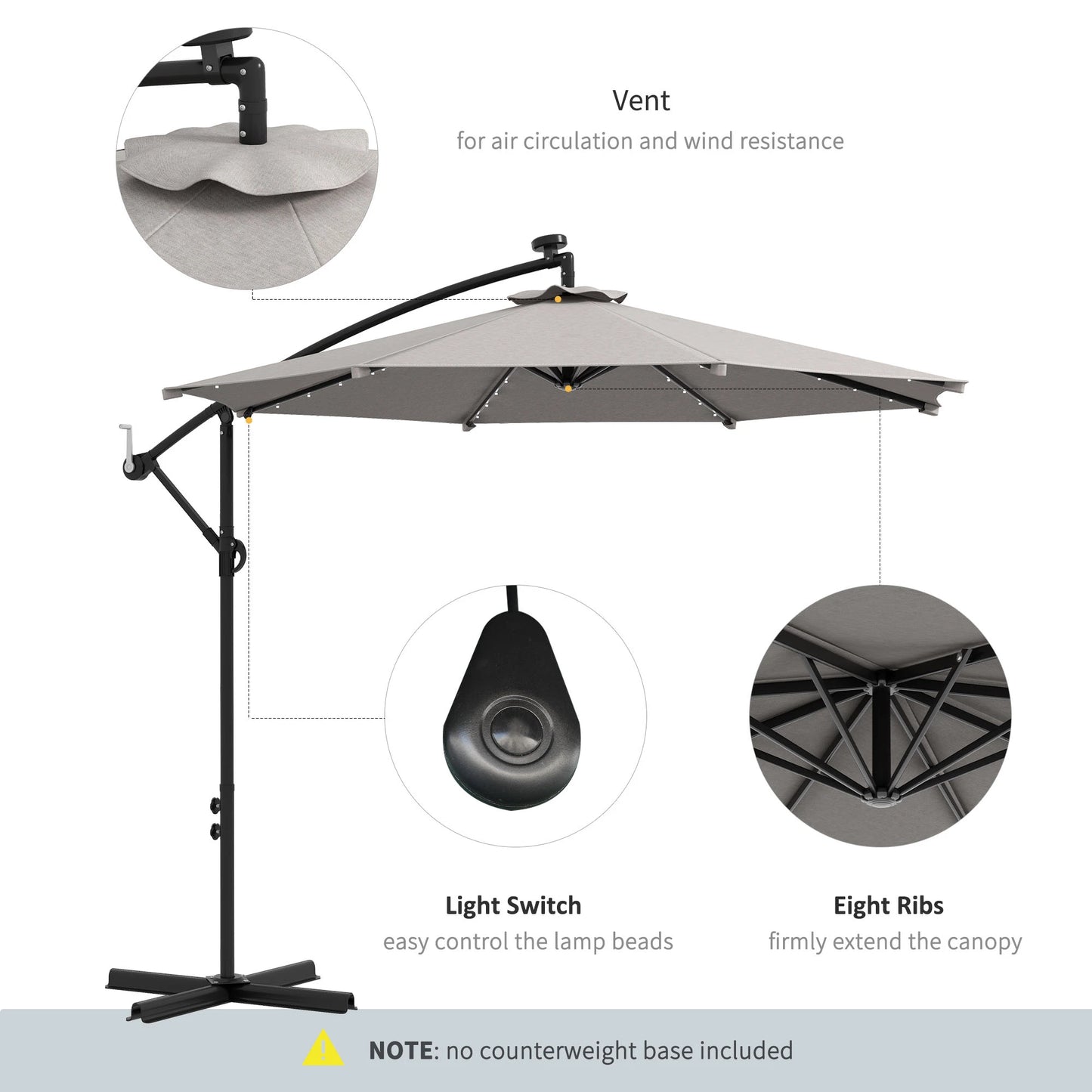 10ft Outdoor Cantilever Umbrella, Solar Lights, Adjustable Angle, Light Grey Cantilever Umbrellas at Gallery Canada