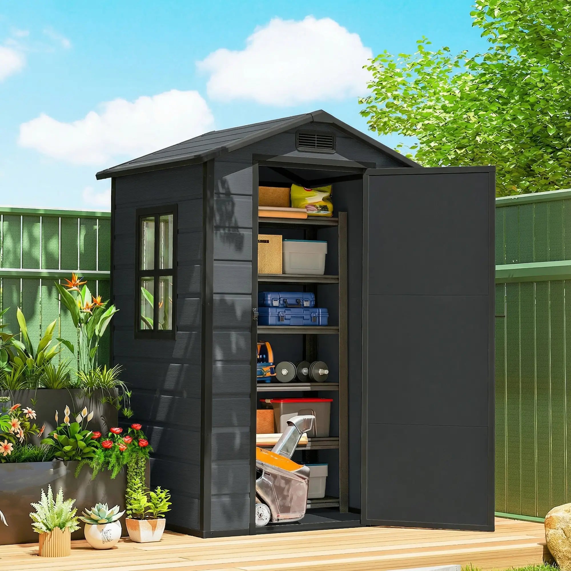 4' x 3' Plastic Garden Shed With Floor, Lockable Door, Window, Vent, Dark Grey Sheds at Gallery Canada