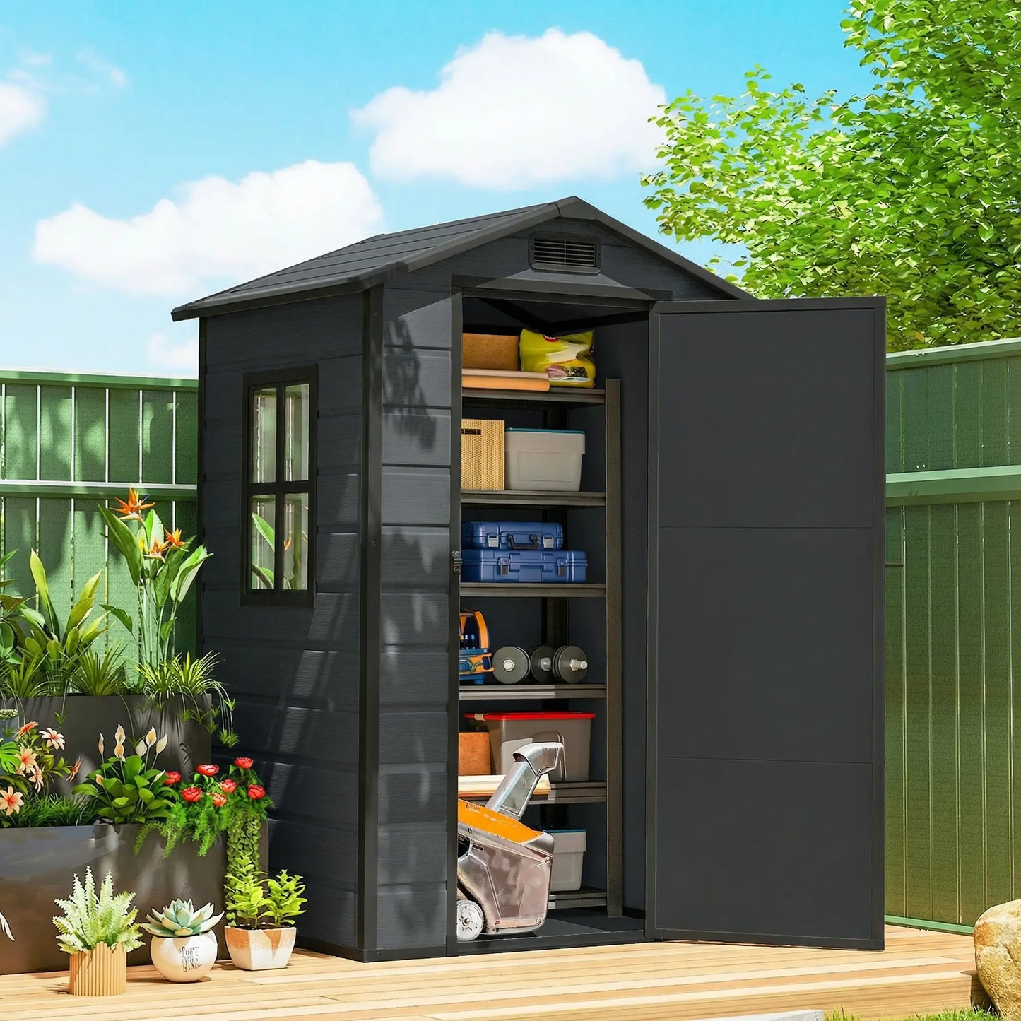 4' x 3' Plastic Garden Shed With Floor, Lockable Door, Window, Vent, Dark Grey Sheds at Gallery Canada
