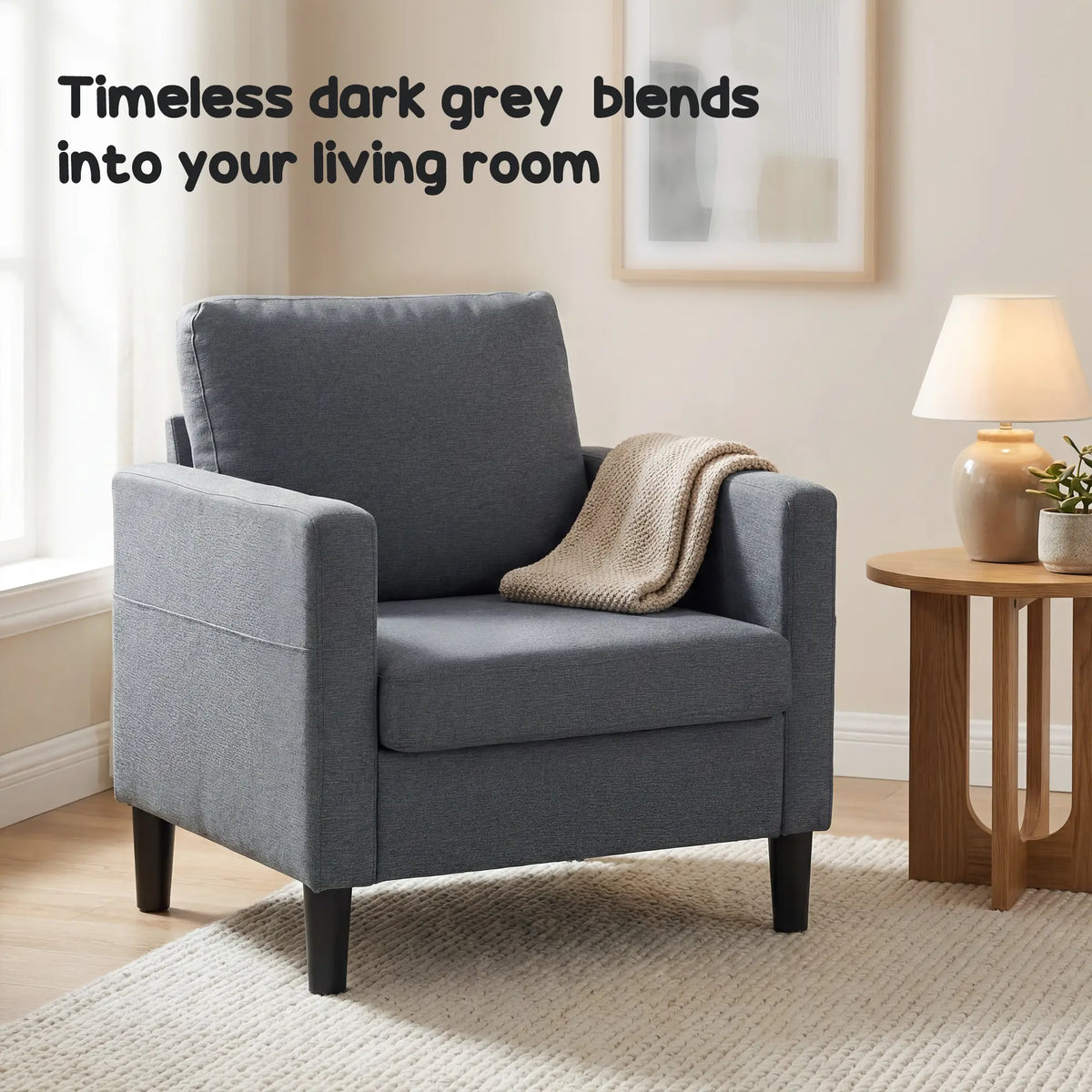 Modern Upholstered Accent Chair, Thick Padded Seat, Dark Grey Accent Chairs at Gallery Canada