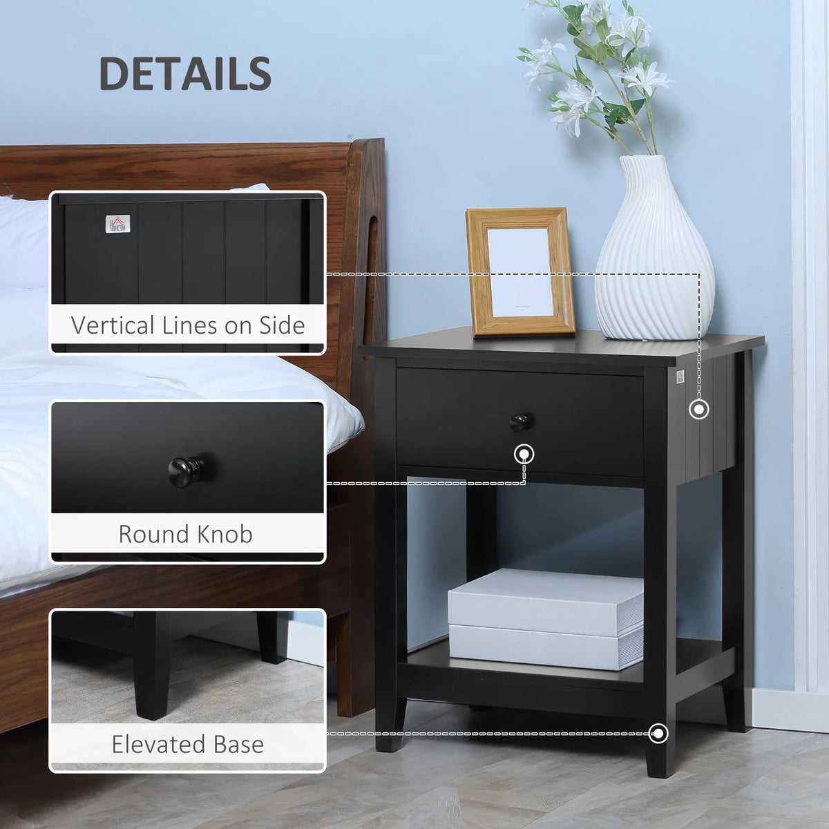 Modern Nightstand, Small End Table with Drawer, Storage Shelf, Black Side Tables at Gallery Canada