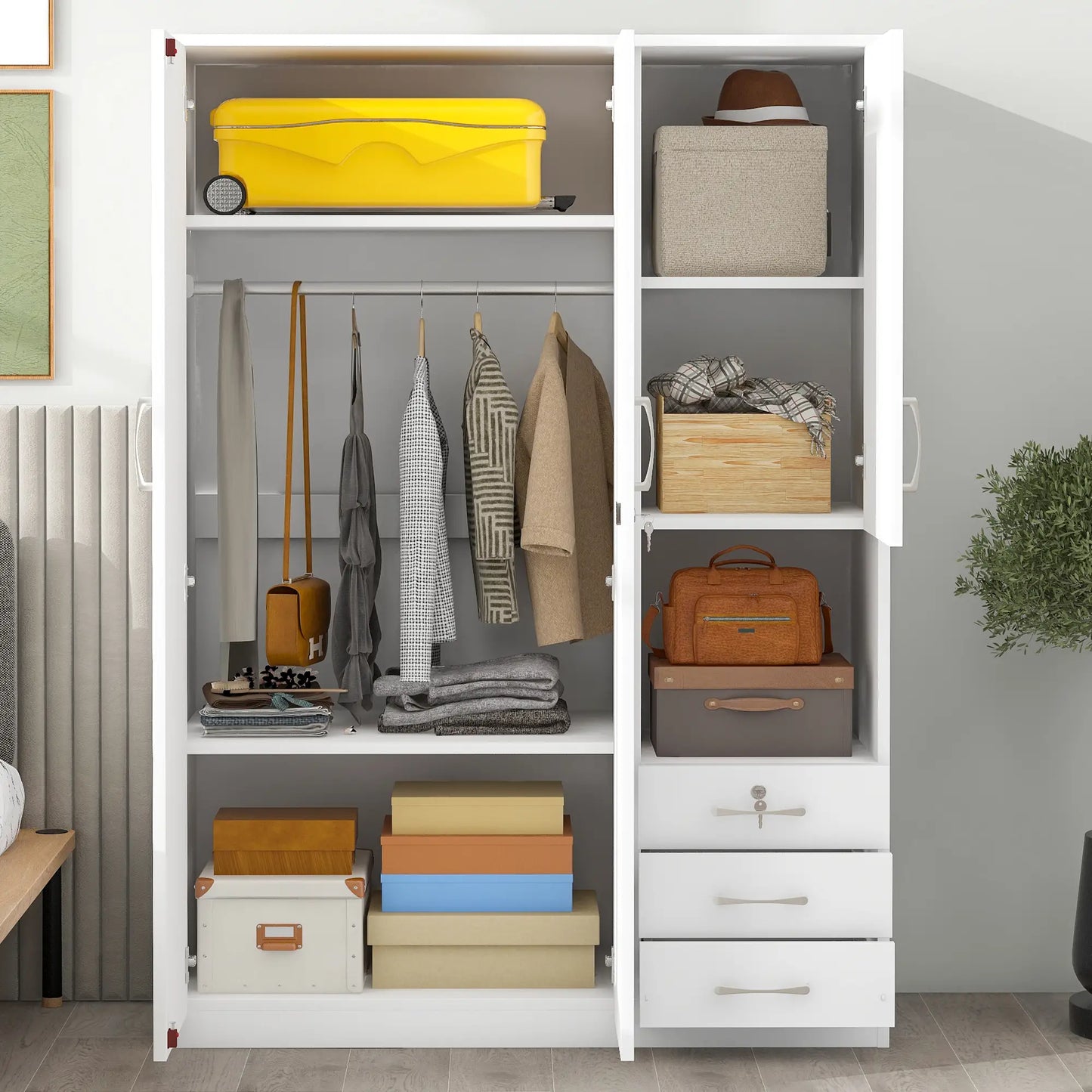 Wooden Wardrobe, Shelves, 3 Drawers, Hanging Rod, 47" L x 20" W x 69" H, White Clothing Storage at Gallery Canada