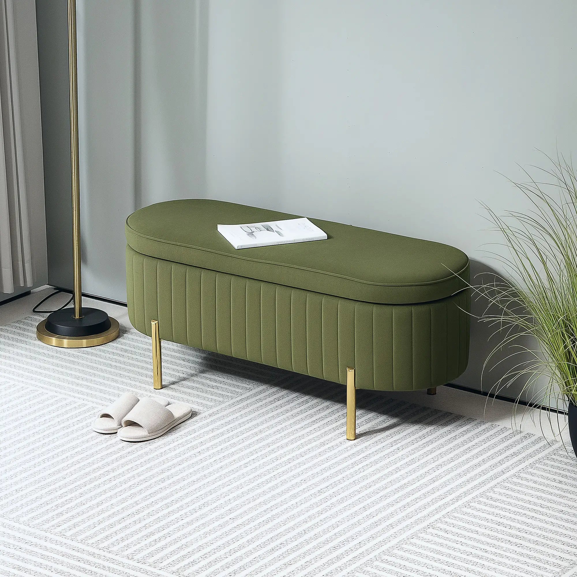 Upholstered Channel Tufted Ottoman Bench, Dark Green Storage Ottomans & Benches at Gallery Canada