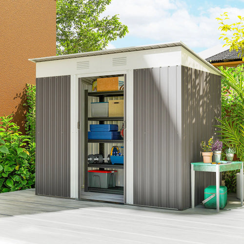7' x 4' Outdoor Storage Shed, Metal Garden Tool Organizer, Light Grey