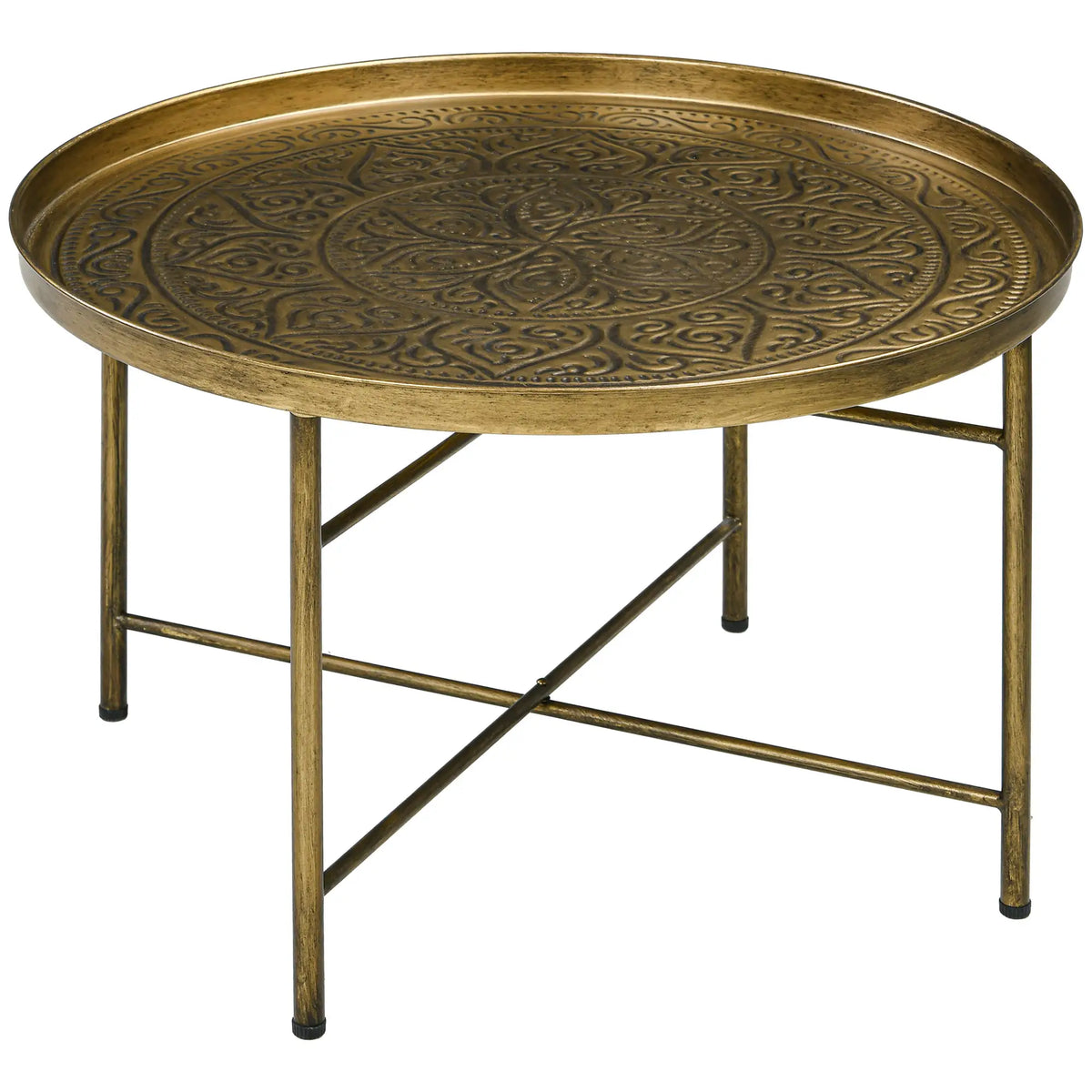 Table Basse Vintage, 24" Ronde, Plateau Martelé, Cadre Métallique, Doré