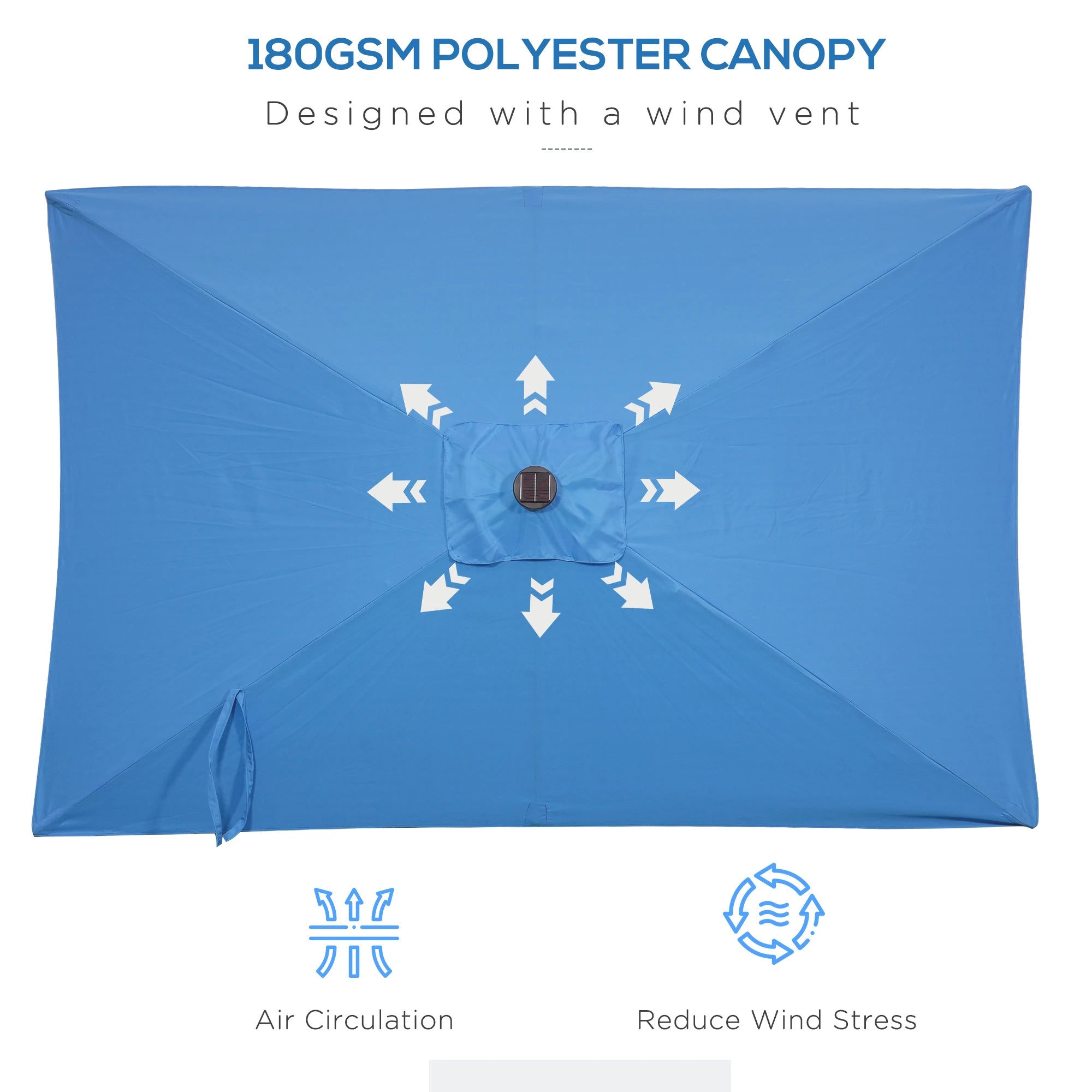 6' x 10' Rectangular Patio Umbrella, 22 LED Solar Lights, Tilt, Crank, Light Blue Sun Umbrellas at Gallery Canada