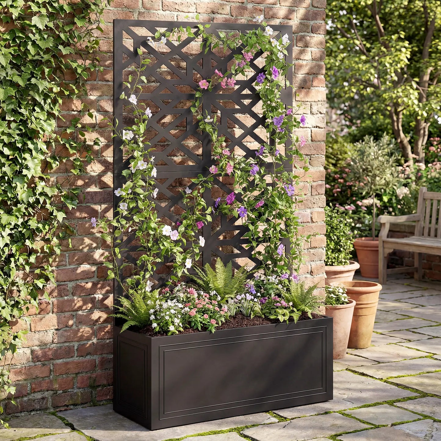 Lit de jardin surélevé en métal avec treillis pour plantes grimpantes