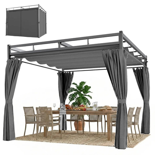 10' x 10' Dark Grey Outdoor Gazebo, Retractable Pergola Canopy With Curtains, Dark Grey