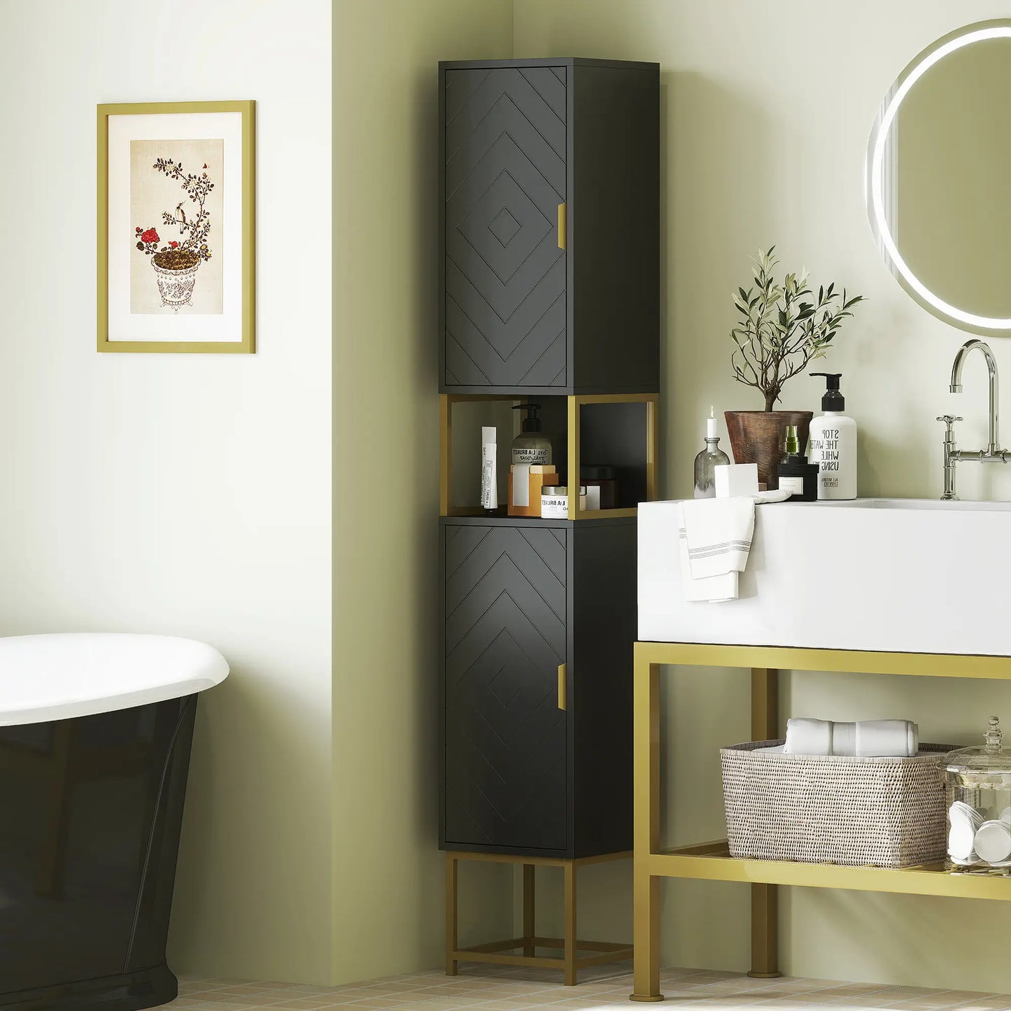 Tall Bathroom Storage Cabinet, Narrow with Adjustable Shelf, Black Bathroom Cabinets at Gallery Canada