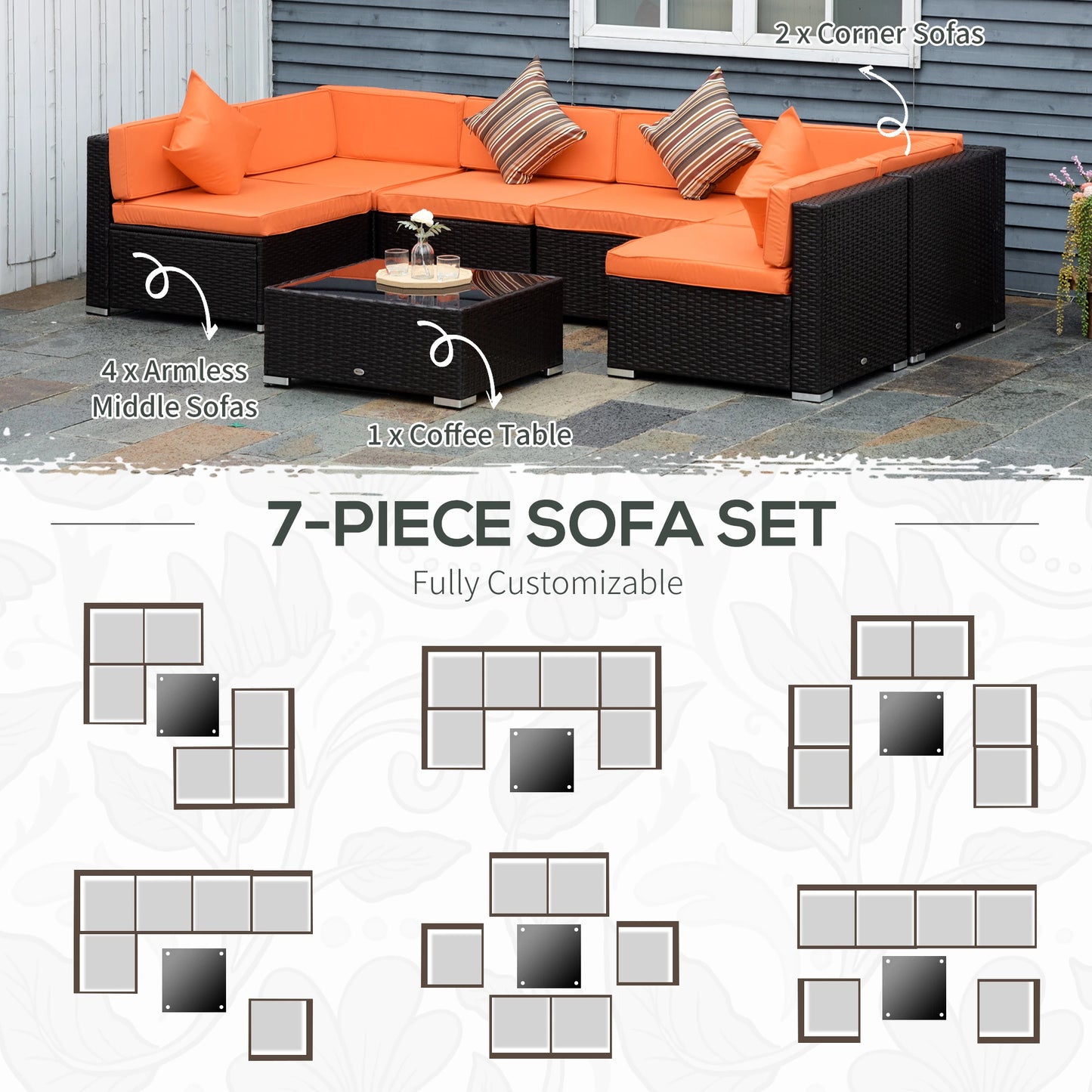 7pcs Garden Wicker Sectional Set, Tea Table, Patio Rattan Sofa, Cushion, Outdoor Deck, Orange Patio Furniture Sets at Gallery Canada