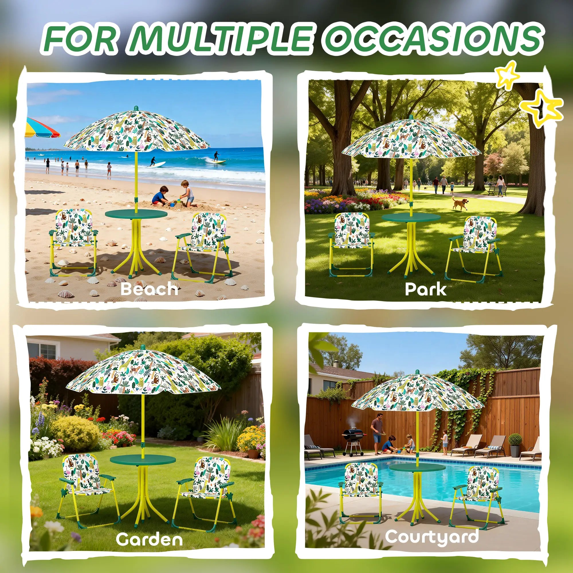 Kids Picnic Table Set, 2 Folding Chairs, Umbrella, Green Kids Outdoor Furniture at Gallery Canada