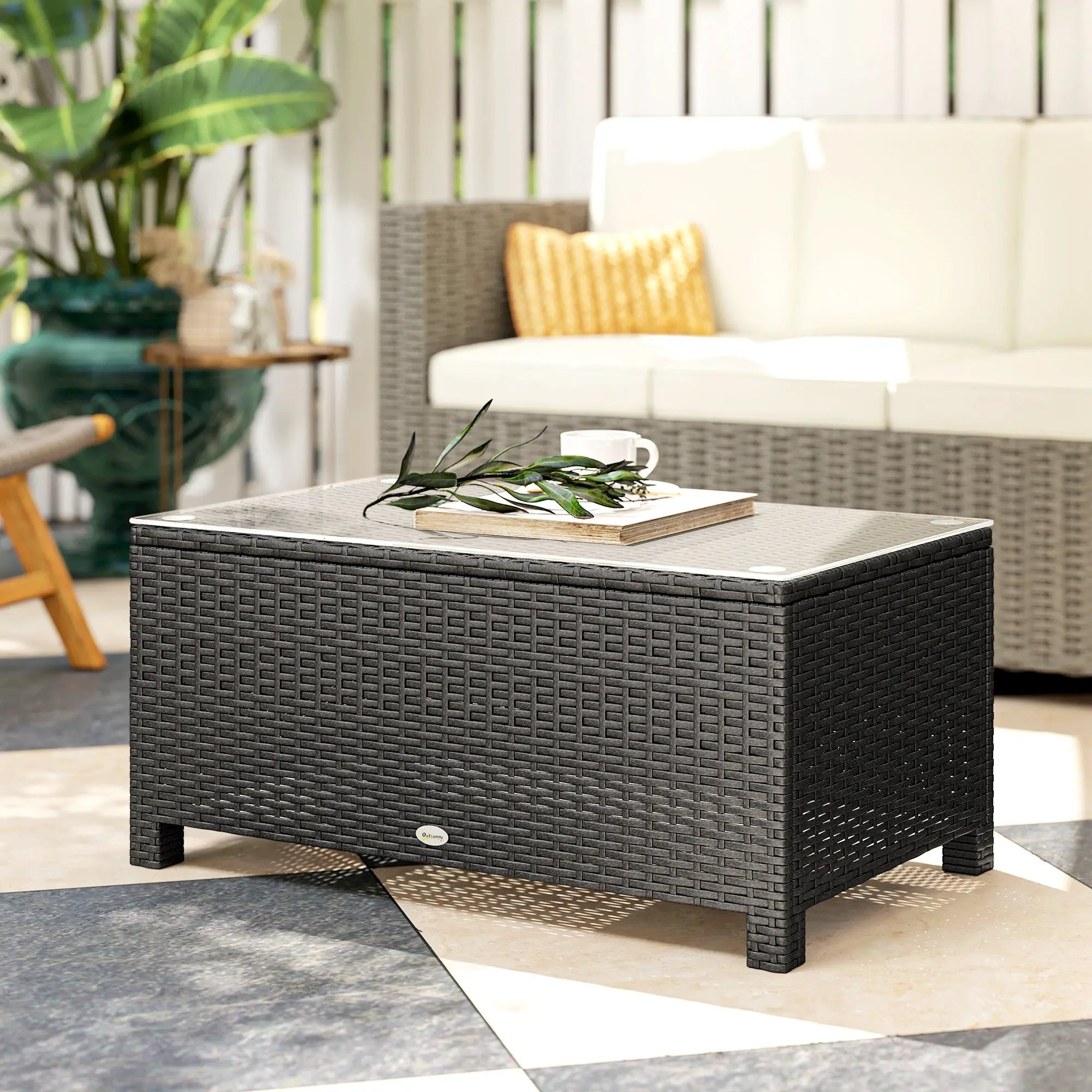 PE Wicker Outdoor Coffee Table, Glass Top, Dark Grey Patio Dining Tables at Gallery Canada
