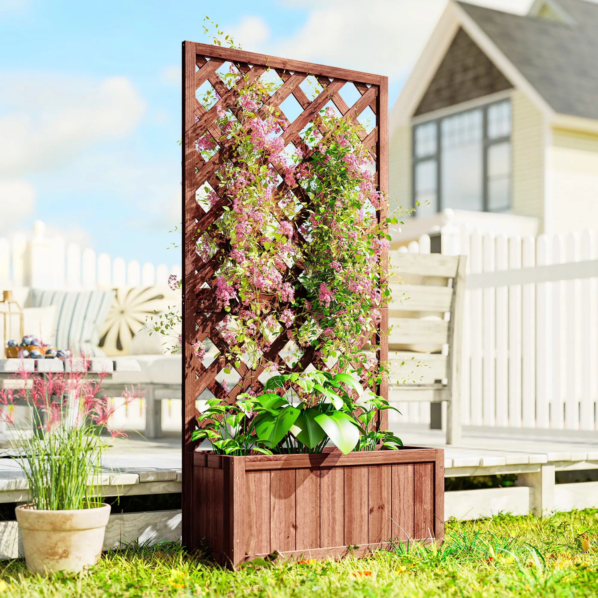 2.4 x 1 x 4.9 ft Wooden Pine Trough Planter with Trellis, Orange Wooden Planter Boxes at Gallery Canada