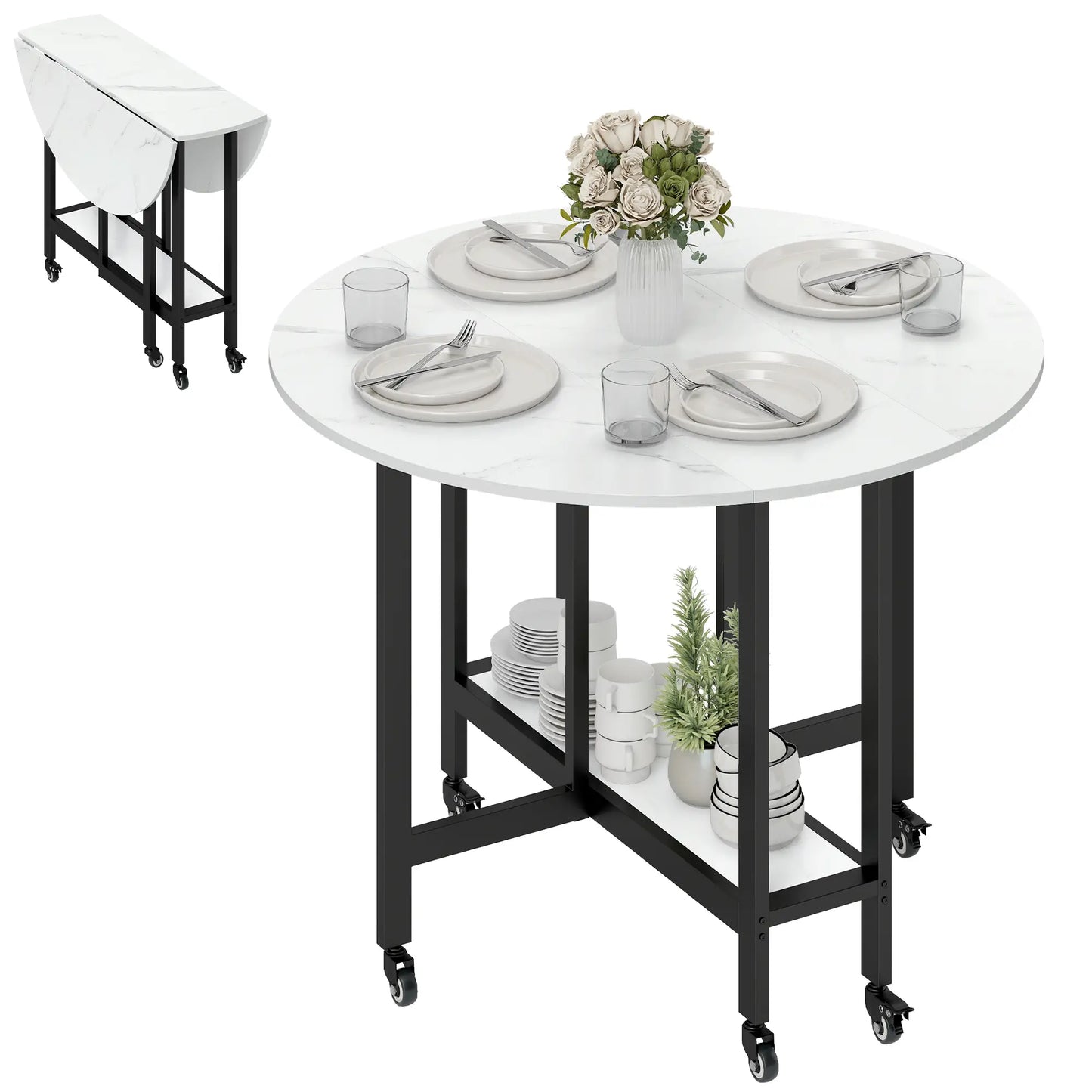 Folding Drop Leaf Table, White Marble, Open Shelf, Rolling Kitchen Table, White Dining Tables at Gallery Canada