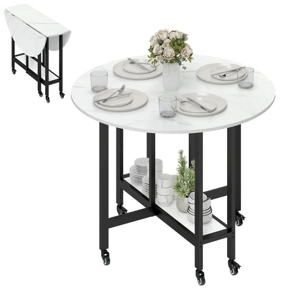 Folding Drop Leaf Table, White Marble, Open Shelf, Rolling Kitchen Table, White Dining Tables at Gallery Canada