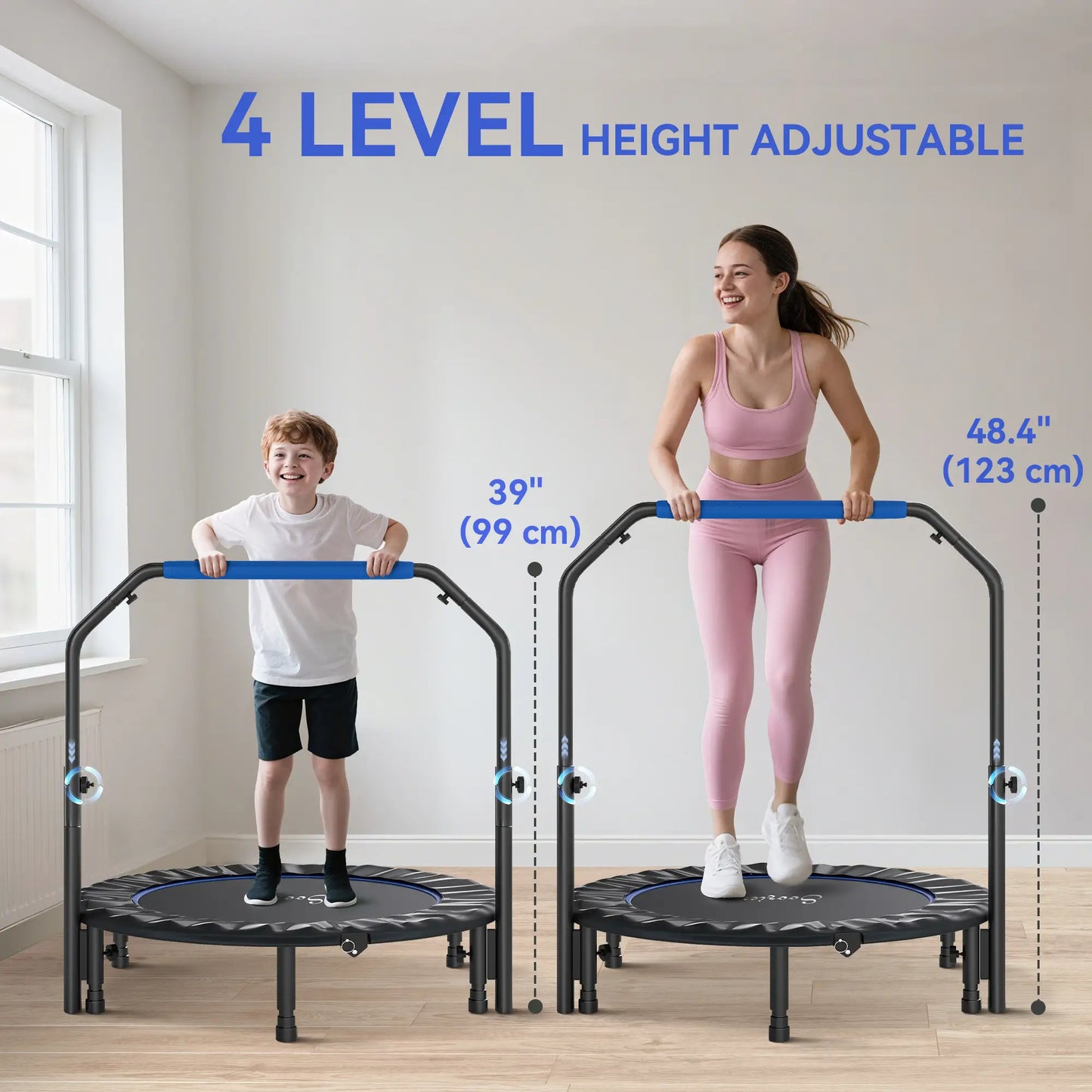 45" Foldable Mini Fitness Trampoline, Adjustable Foam Handle, Blue Trampolines at Gallery Canada