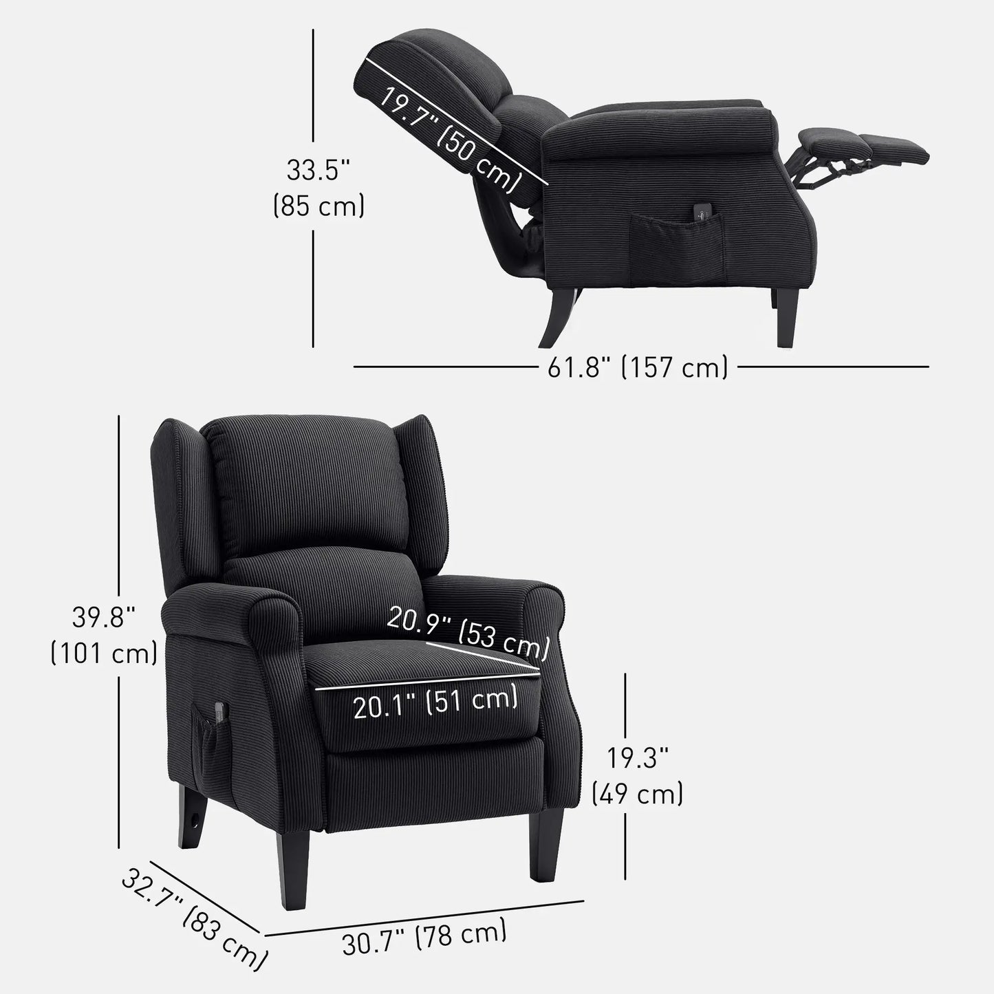 Push Back Recliner Chair, Vibration Massage, Extendable Footrest, Remote, Pocket, Black Sofas & Reclining Chairs at Gallery Canada