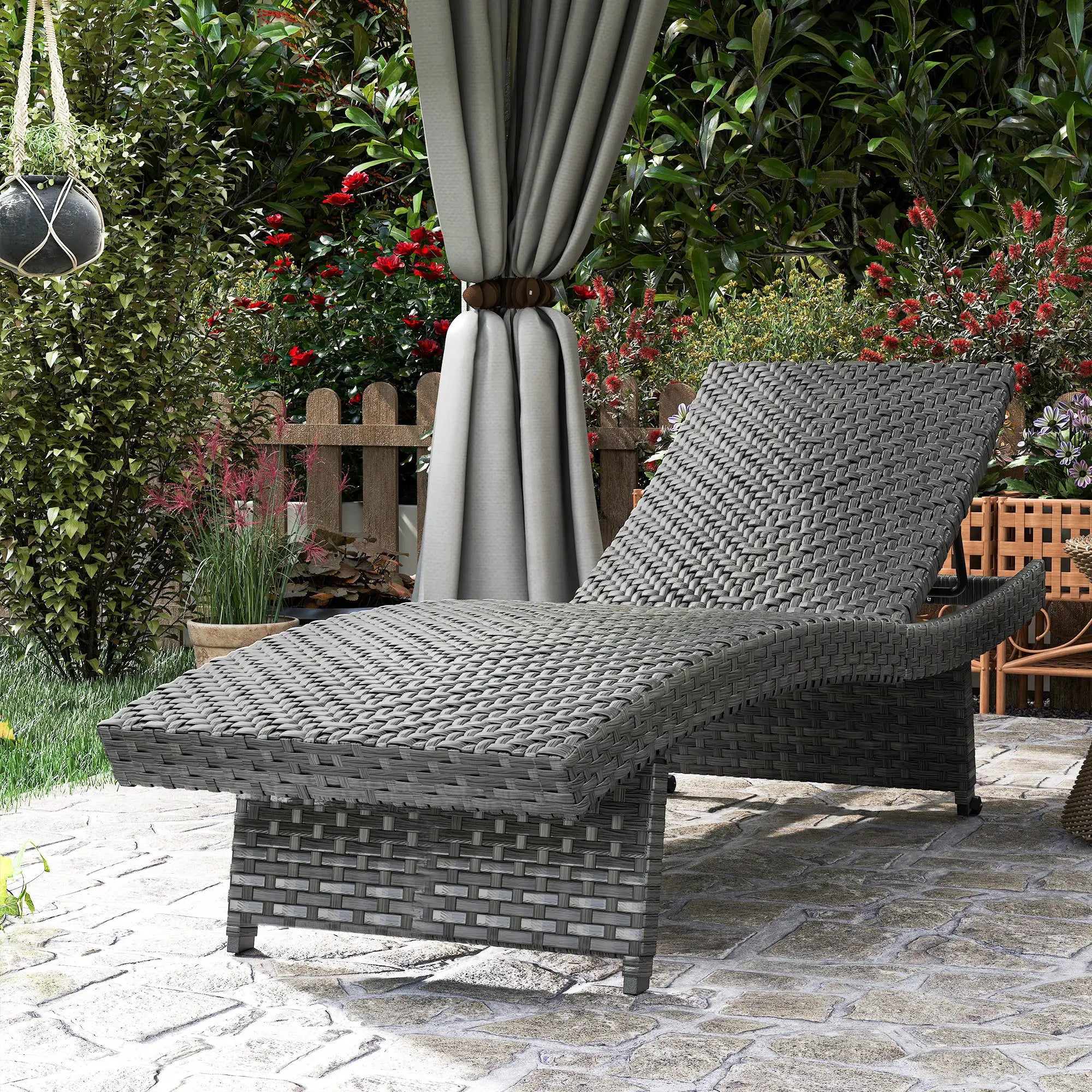 Folding Wicker Outdoor Chaise Lounge, 4-Level Adjustable Backrest, Grey Wicker Chaise Loungers at Gallery Canada