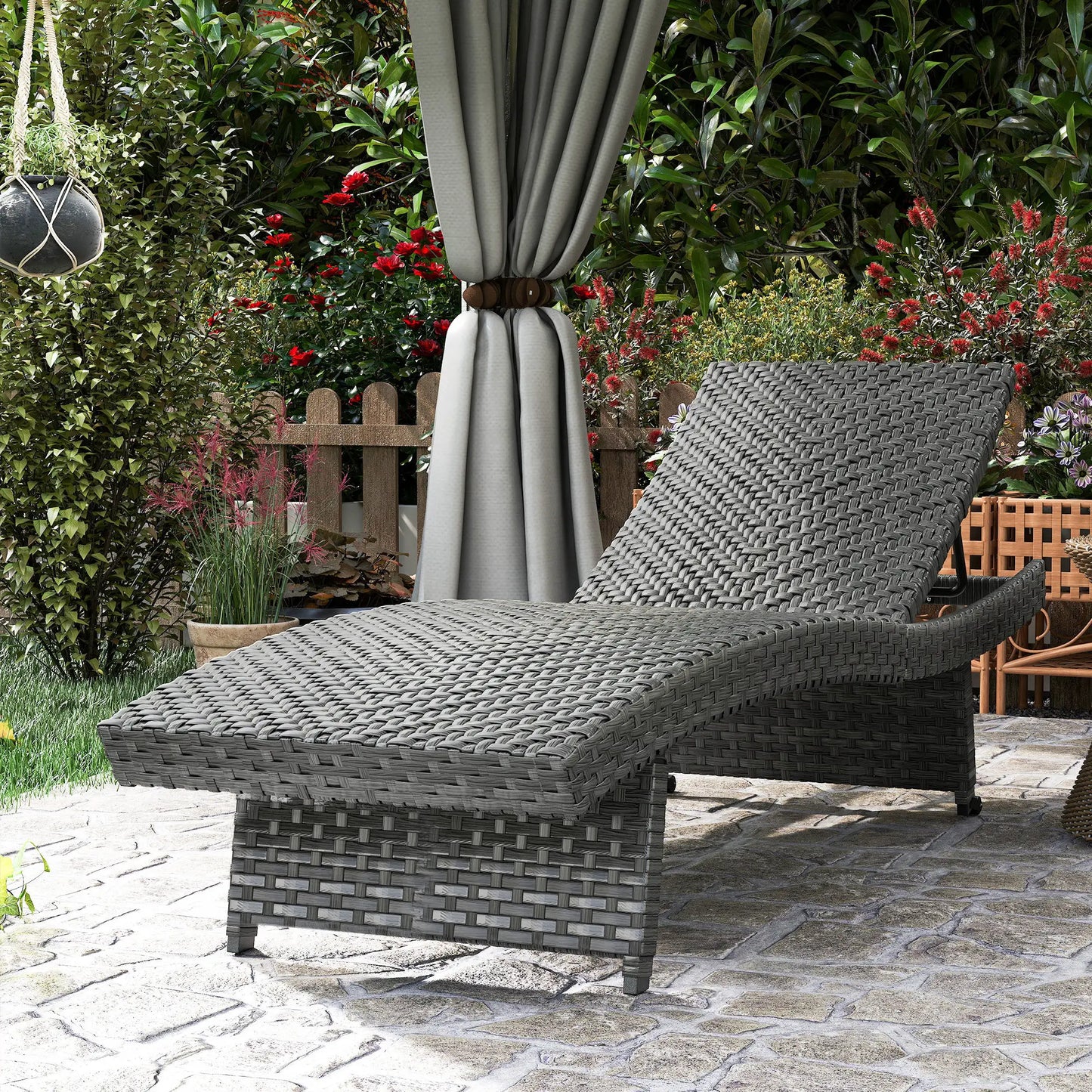 Folding Wicker Outdoor Chaise Lounge, 4-Level Adjustable Backrest, Grey Wicker Chaise Loungers at Gallery Canada