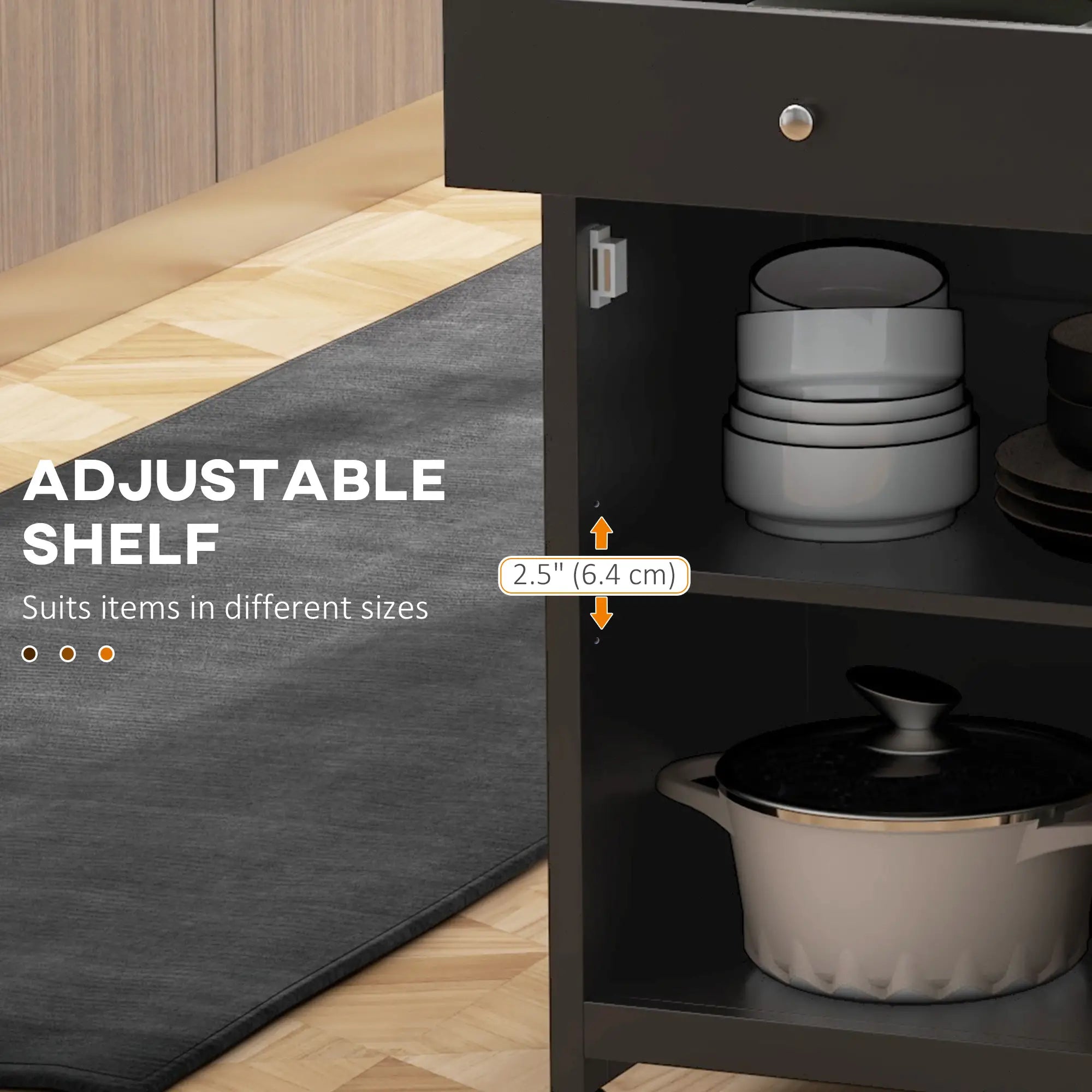 Rolling Kitchen Cart, Drawer and Glass Door Cabinet, Black Kitchen Islands & Kitchen Carts at Gallery Canada