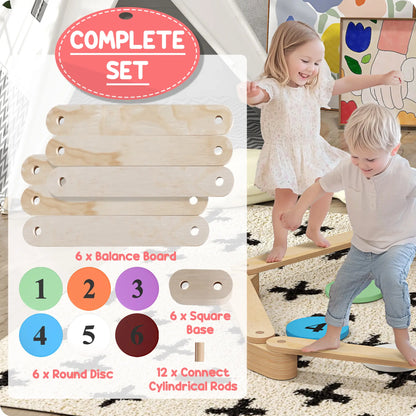 6 PC Wooden Balance Beam for Kids, Indoor Outdoor Coordination