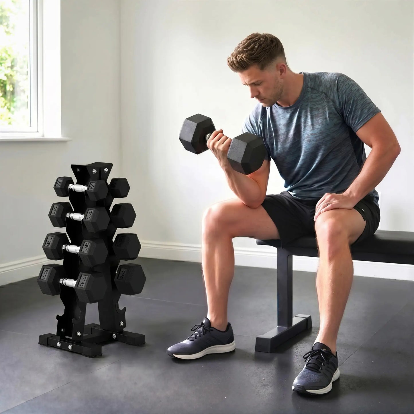 Hex Dumbbell Set with Rack, 150lbs Rubber-Coated, Non-Slip Handles, Rubber-Coated