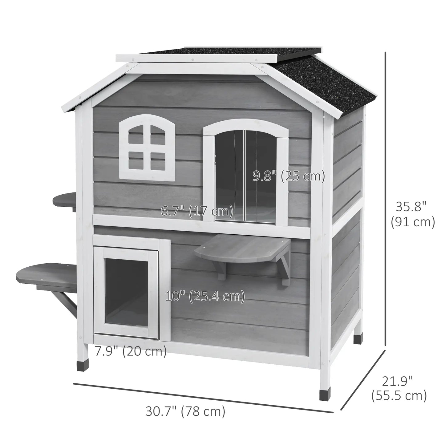 2-Storey Outdoor Cat House, Wooden Catio, Openable Roof, Grey Cat Houses at Gallery Canada