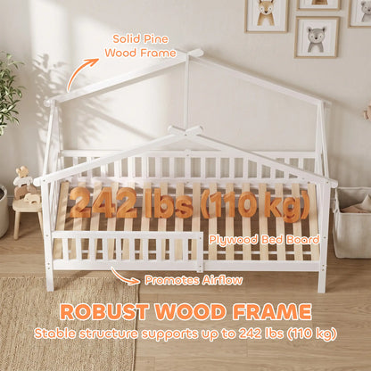 Twin Bed Frame, Solid Wood House Bed with Roof, Guardrail, No Box Spring, White Kids Bedroom Furniture at Gallery Canada