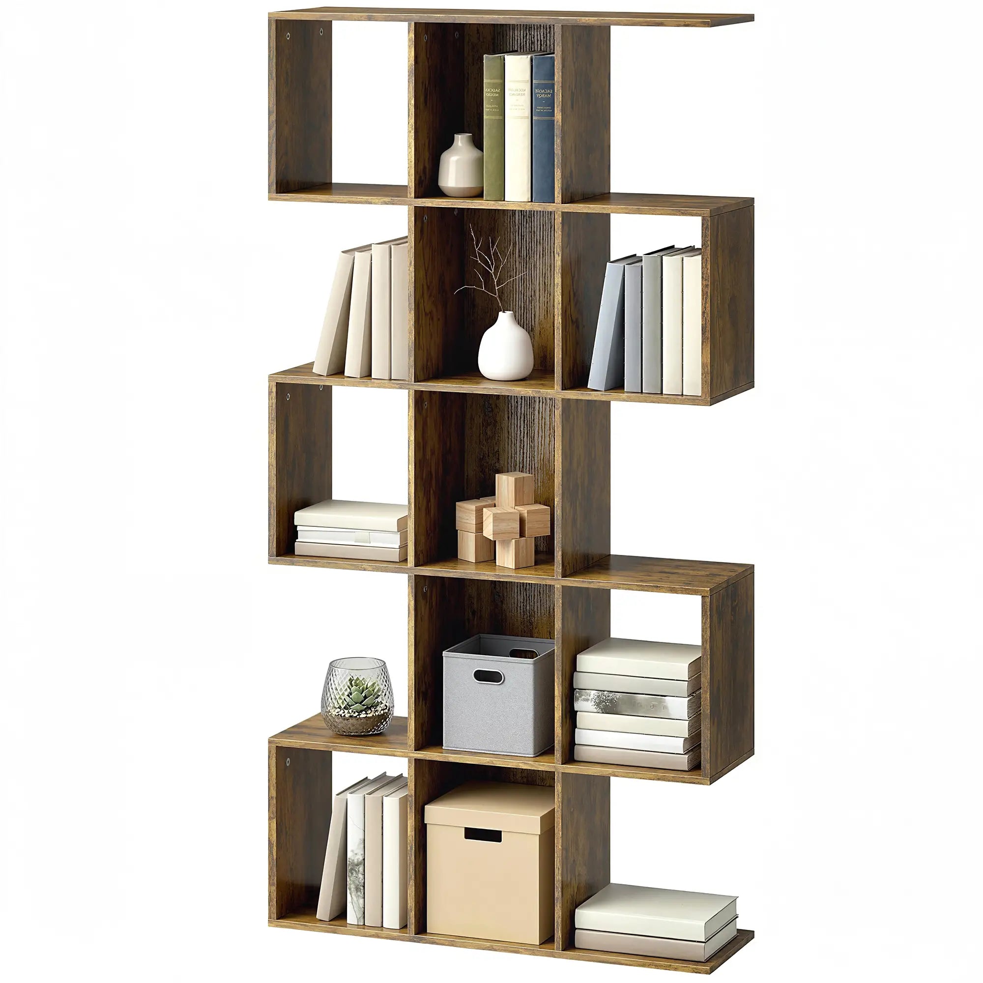 5-Tier S-Shaped Bookshelf, 15 Compartments, Rustic Brown, Rustic Brown Display Bookshelves Rustic Brown at Gallery Canada