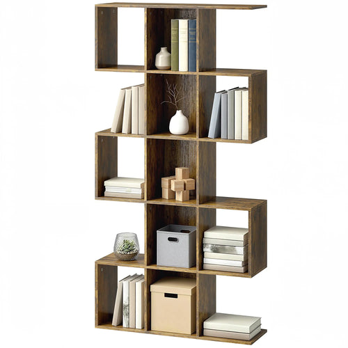 5-Tier S-Shaped Bookshelf, 15 Compartments, Rustic Brown, Rustic Brown