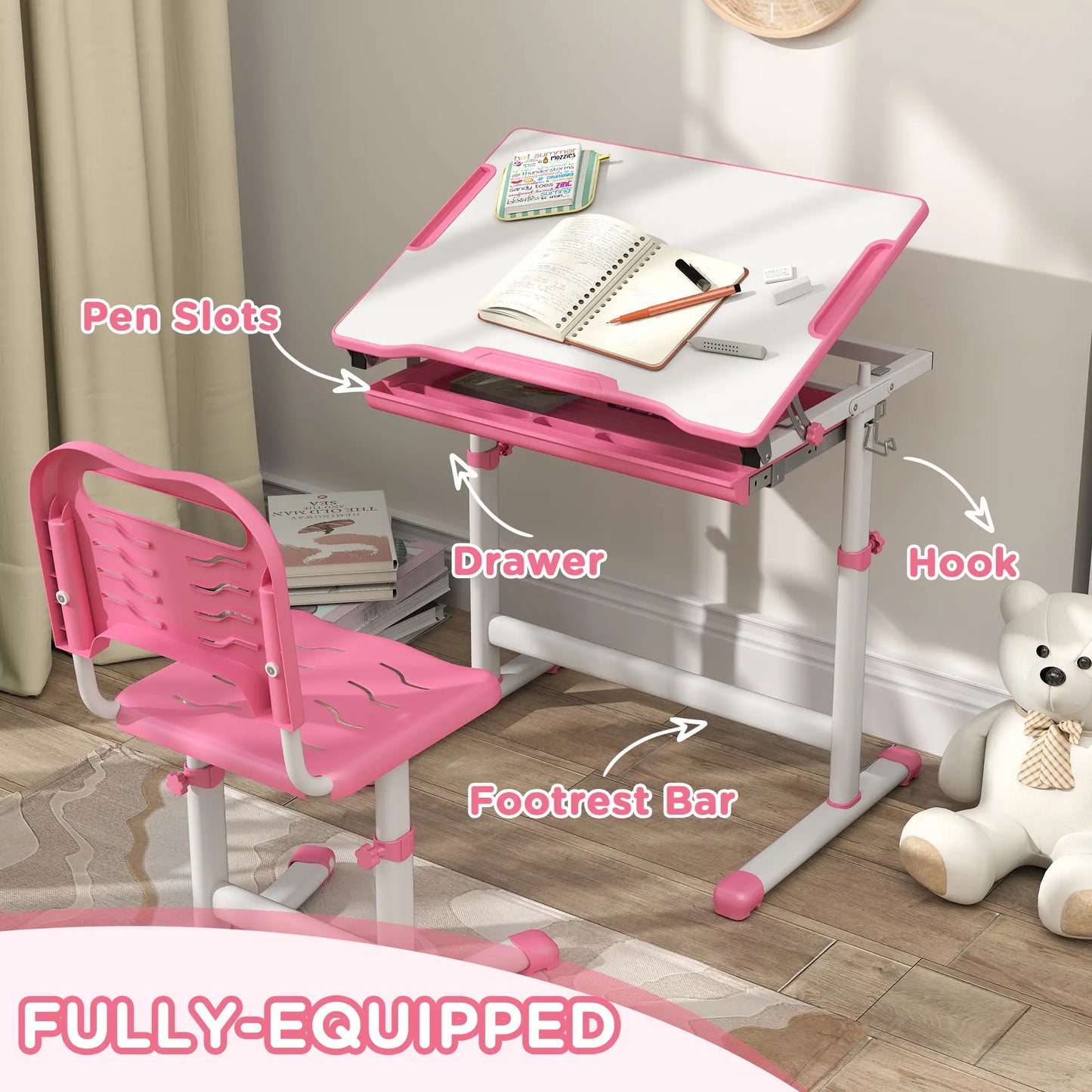Adjustable Study Table, Chair Set with Drawer, Pink Kids Desk Sets at Gallery Canada