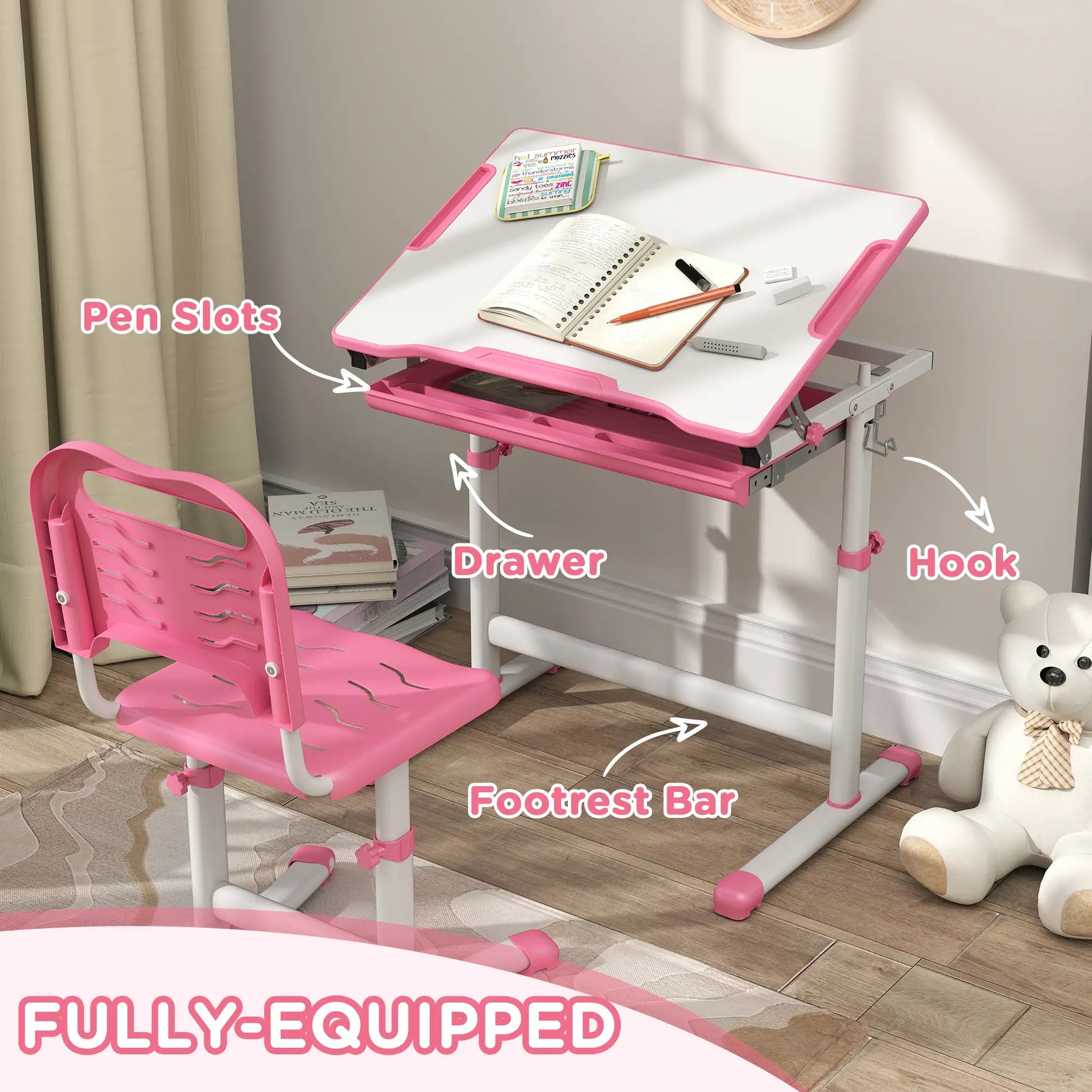 Adjustable Study Table, Chair Set with Drawer, Pink Kids Desk Sets at Gallery Canada